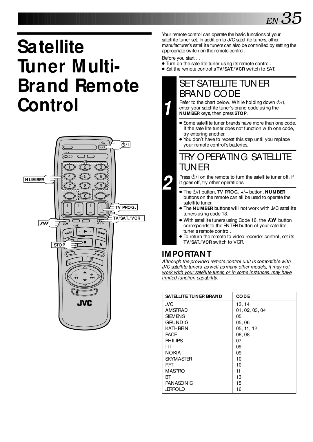 JVC HR-E249E specifications Satellite Tuner Multi, SET Satellite Tuner Brand Code, TRY Operating Satellite Tuner 