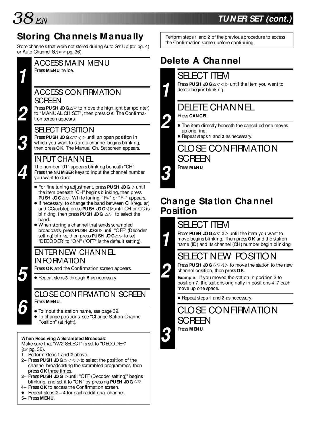 JVC HR-E249E specifications Select Item, Delete Channel, Close Confirmation, Select NEW Position, EN Tuner SET 