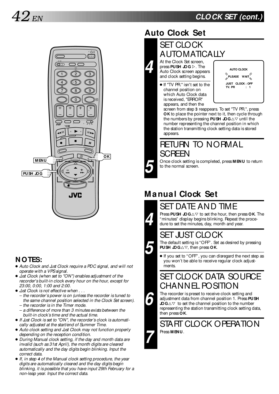 JVC HR-E249E SET Clock Automatically, Return to Normal Screen, SET Date and Time, SET Just Clock, Start Clock Operation 