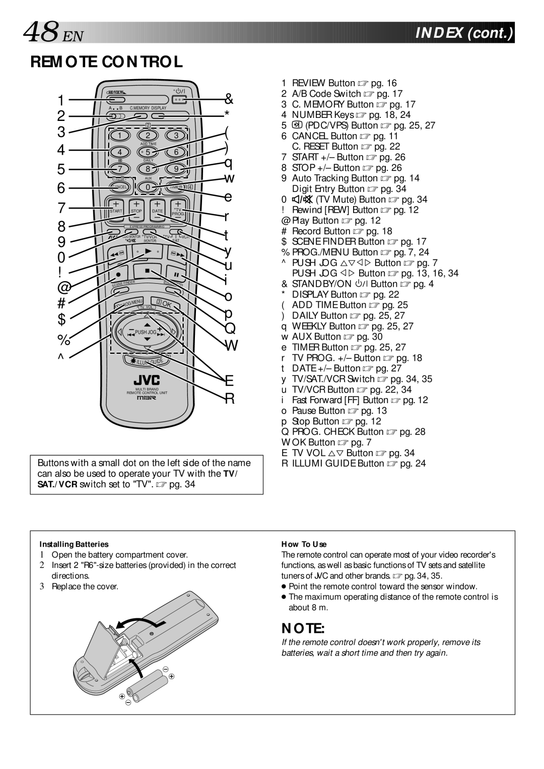 JVC HR-E249E specifications EN Index, Installing Batteries, How To Use 