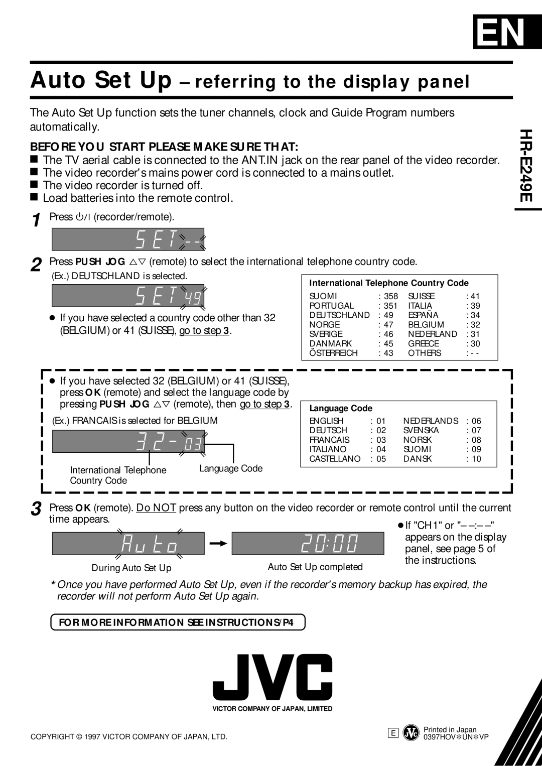 JVC HR-E249E specifications International Telephone Country Code, Language Code 