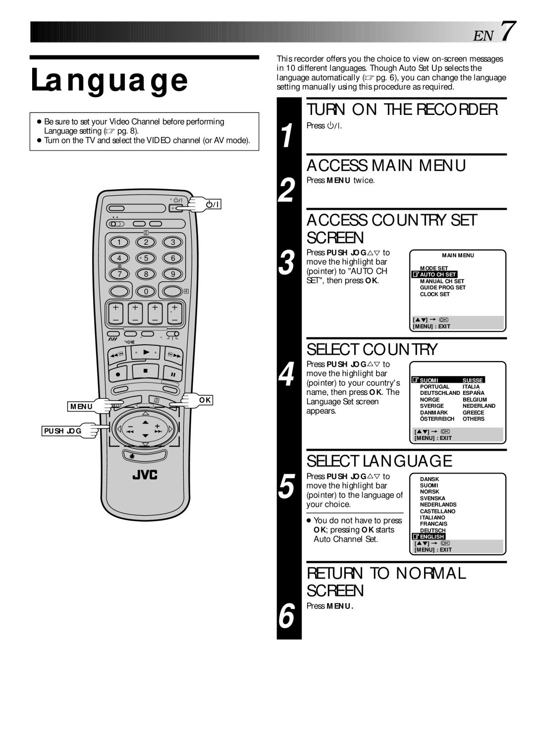 JVC HR-E249E specifications Language 