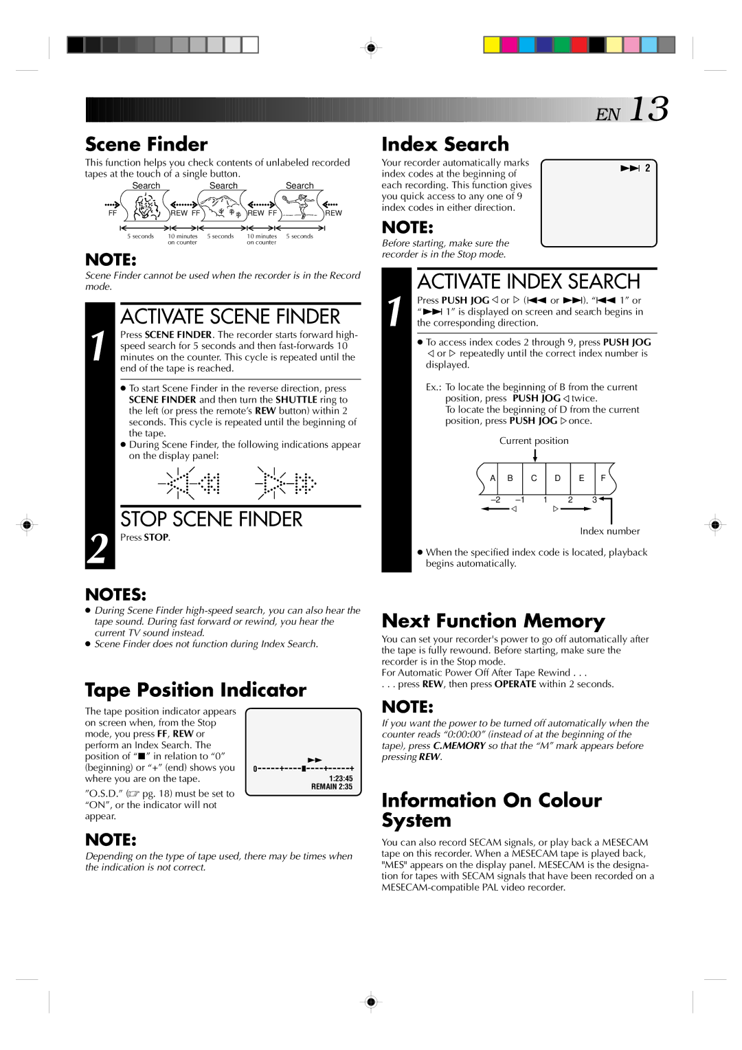 JVC HR-E239EG, HR-E439EG specifications Activate Scene Finder, Stop Scene Finder, Activate Index Search 