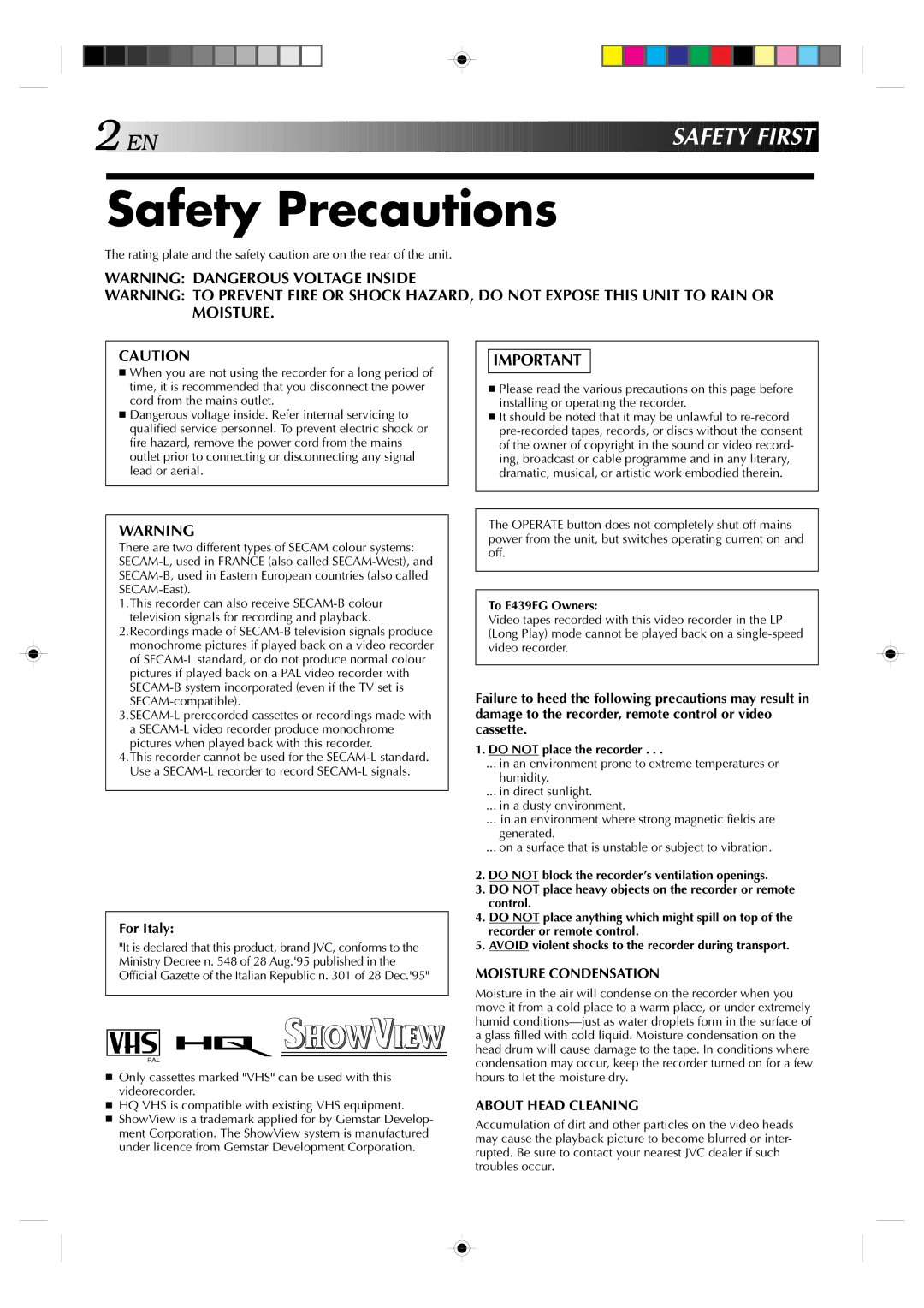 JVC HR-E439EG, HR-E239EG specifications Safety Precautions, To E439EG Owners, Do not place the recorder 