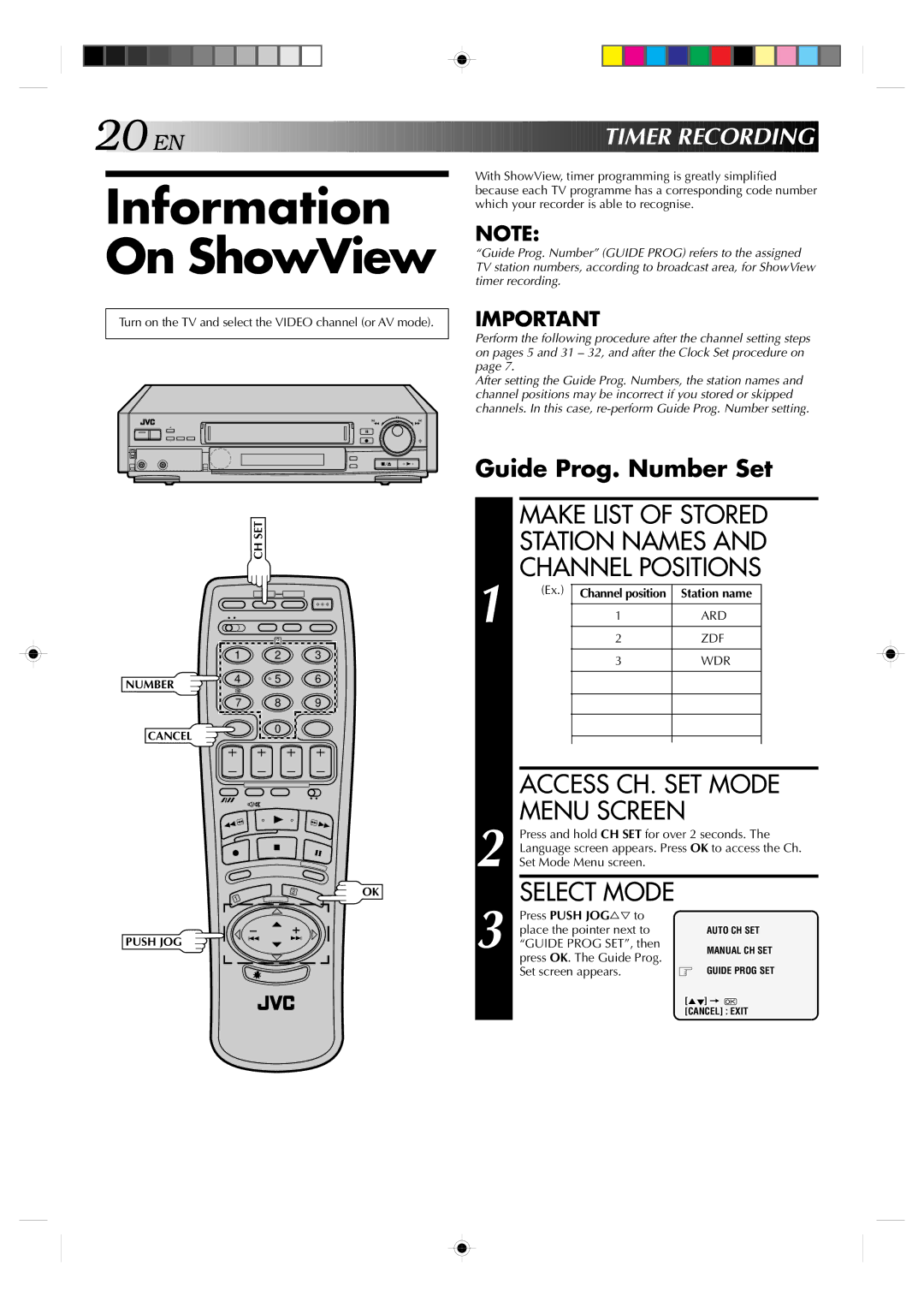 JVC HR-E439EG, HR-E239EG Information On ShowView, Access CH. SET Mode Menu Screen, Select Mode, Guide Prog. Number Set 