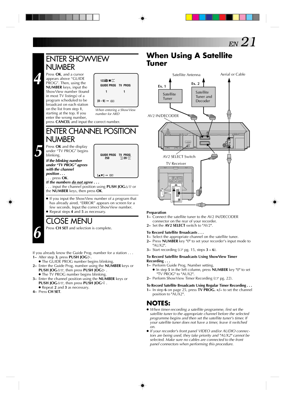 JVC HR-E239EG Enter Showview Number, Close Menu, When Using a Satellite Tuner, Preparation, To Record Satellite Broadcasts 