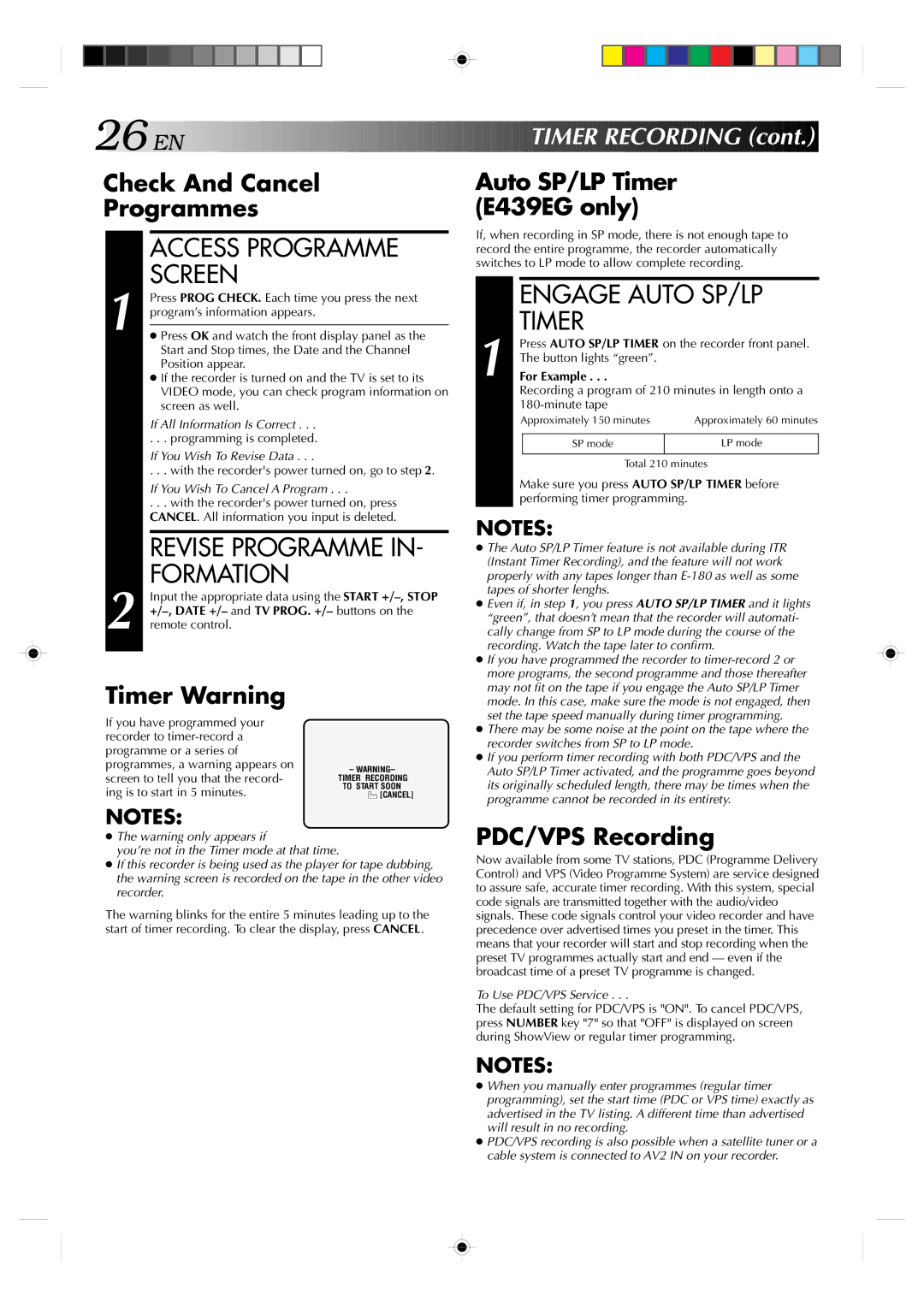 JVC HR-E439EG, HR-E239EG specifications Access Programme Screen, Revise Programme IN- Formation, Engage Auto SP/LP, Timer 