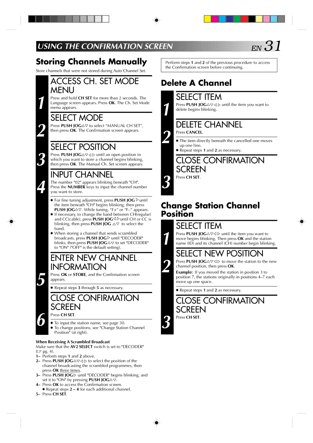 JVC HR-E239EG Access CH. SET Mode, Menu, Select Position, Input Channel, Enter NEW Channel, Information, Select Item 