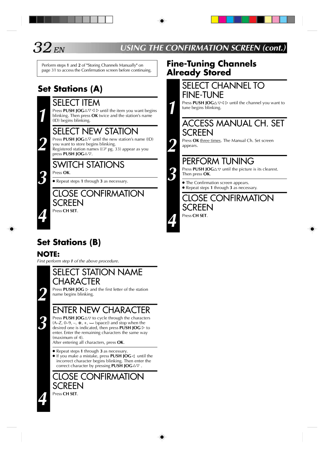 JVC HR-E439EG Select NEW Station, Switch Stations, Select Channel to, Fine-Tune, Perform Tuning, Enter NEW Character 