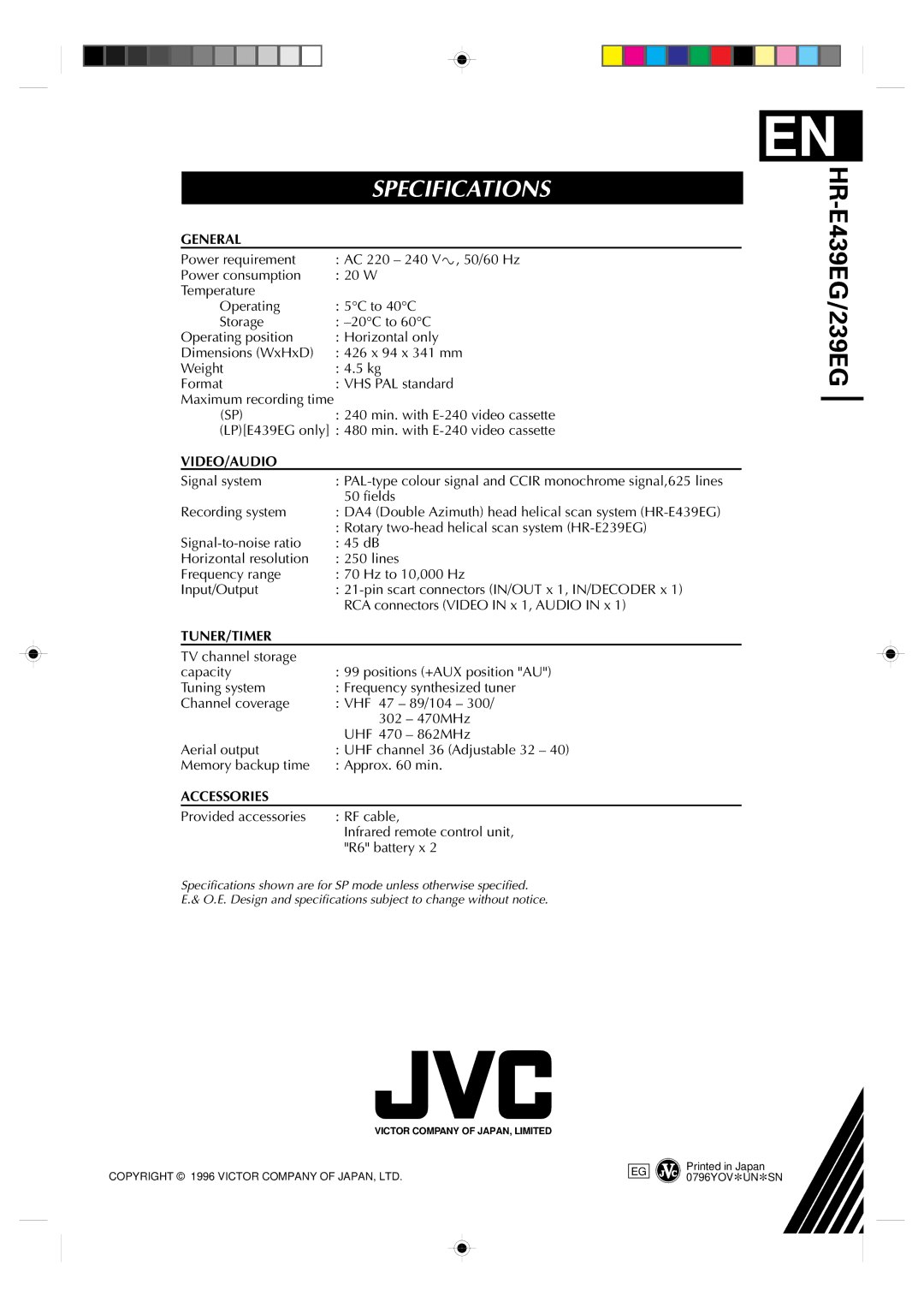 JVC HR-E439EG, HR-E239EG specifications Maximum recording time, PAL-type colour signal and Ccir monochrome signal,625 lines 