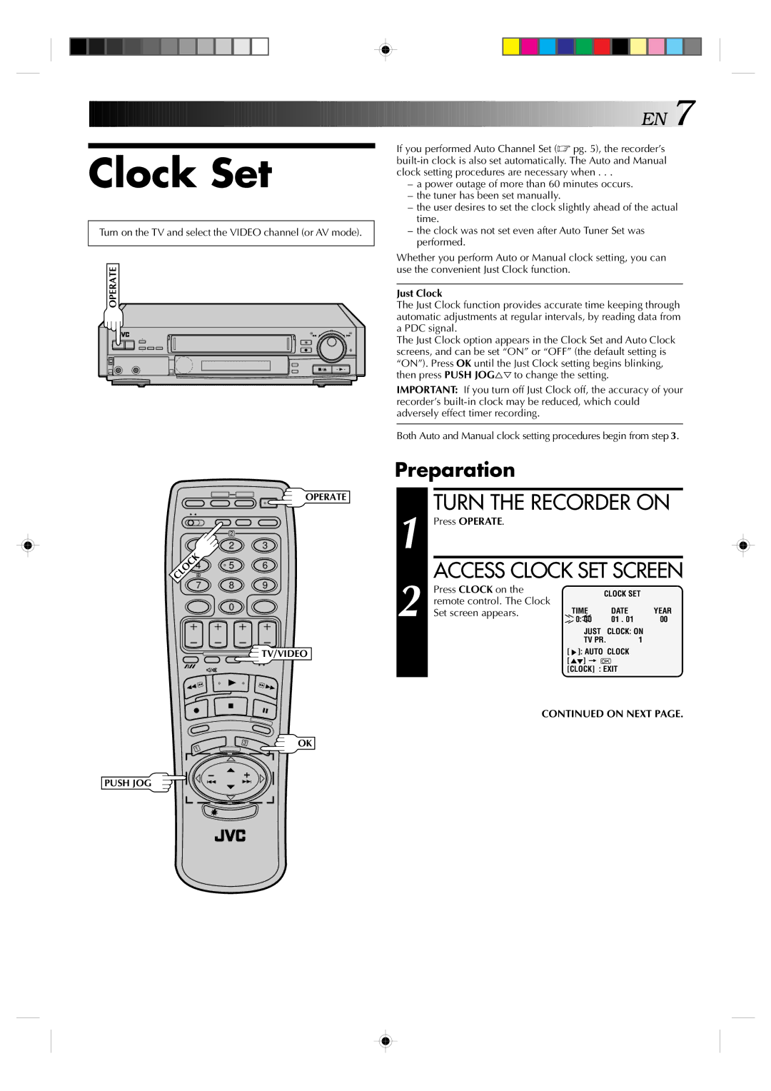 JVC HR-E239EG, HR-E439EG specifications Clock Set, Turn the Recorder on, Preparation 