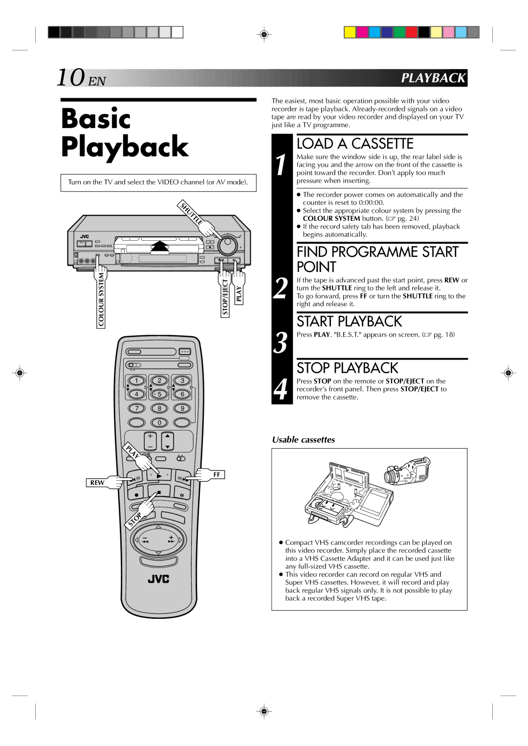 JVC HR-E639EE, HR-E539EE instruction manual Basic Playback, Load a Cassette, Point, Start Playback, Stop Playback 