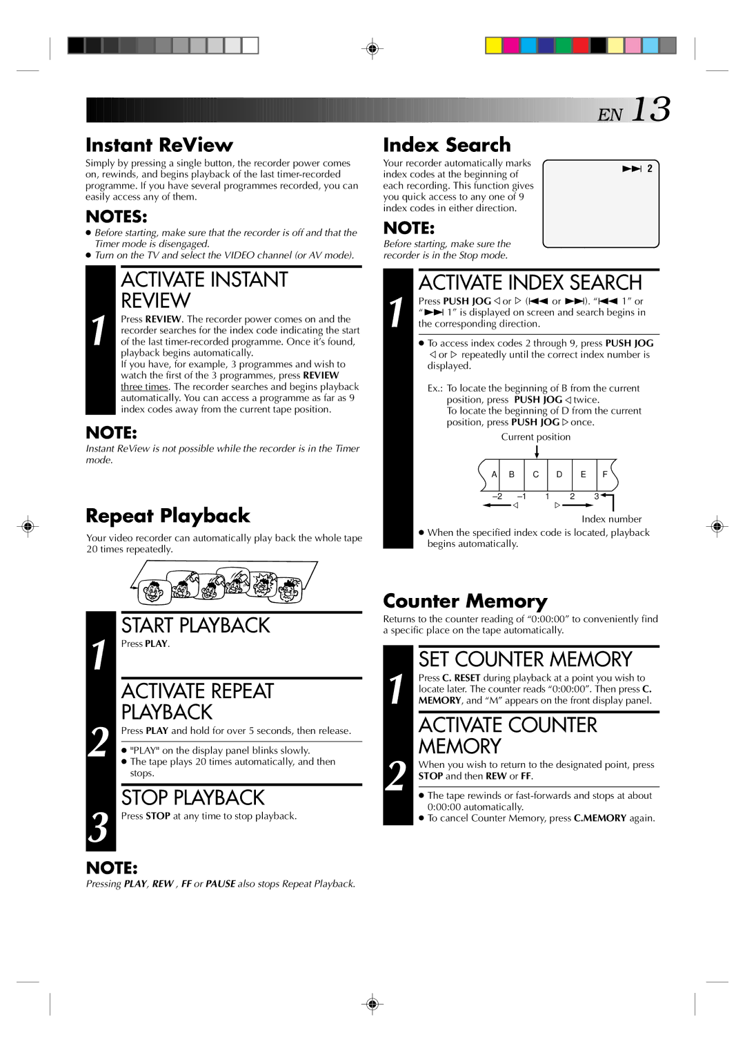 JVC HR-E539EE, HR-E639EE Activate Instant Review, Activate Repeat, Playback, Activate Index Search, SET Counter Memory 