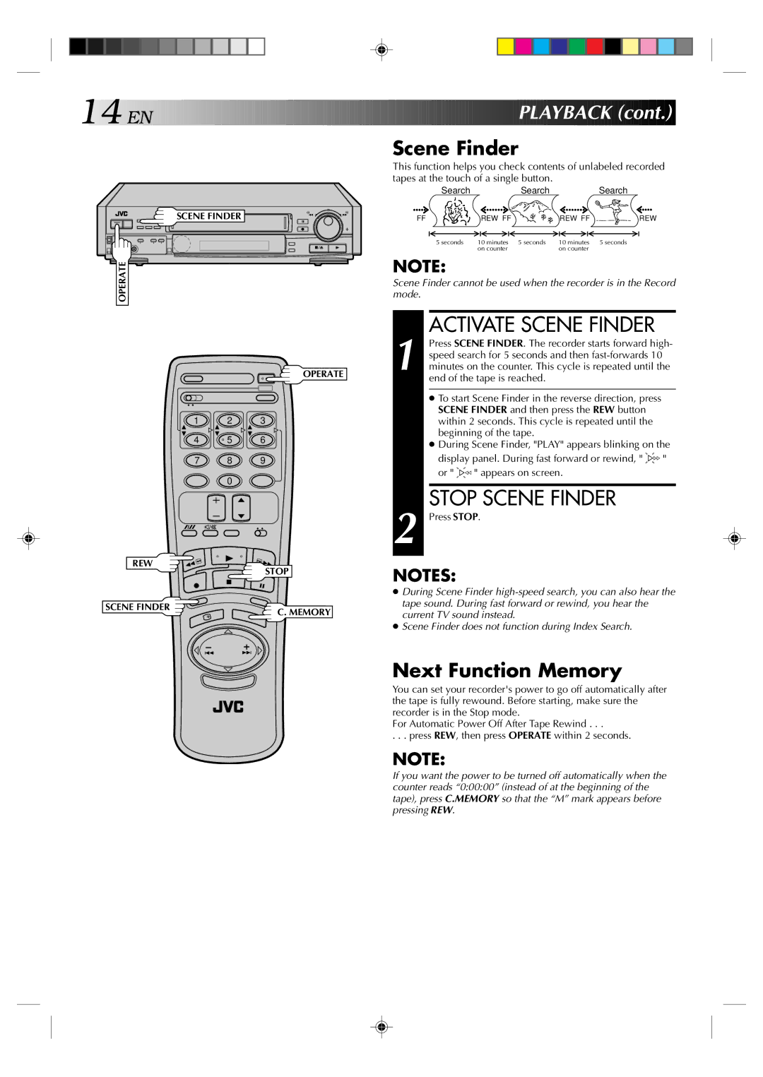 JVC HR-E639EE, HR-E539EE instruction manual Activate Scene Finder, Stop Scene Finder, Next Function Memory 