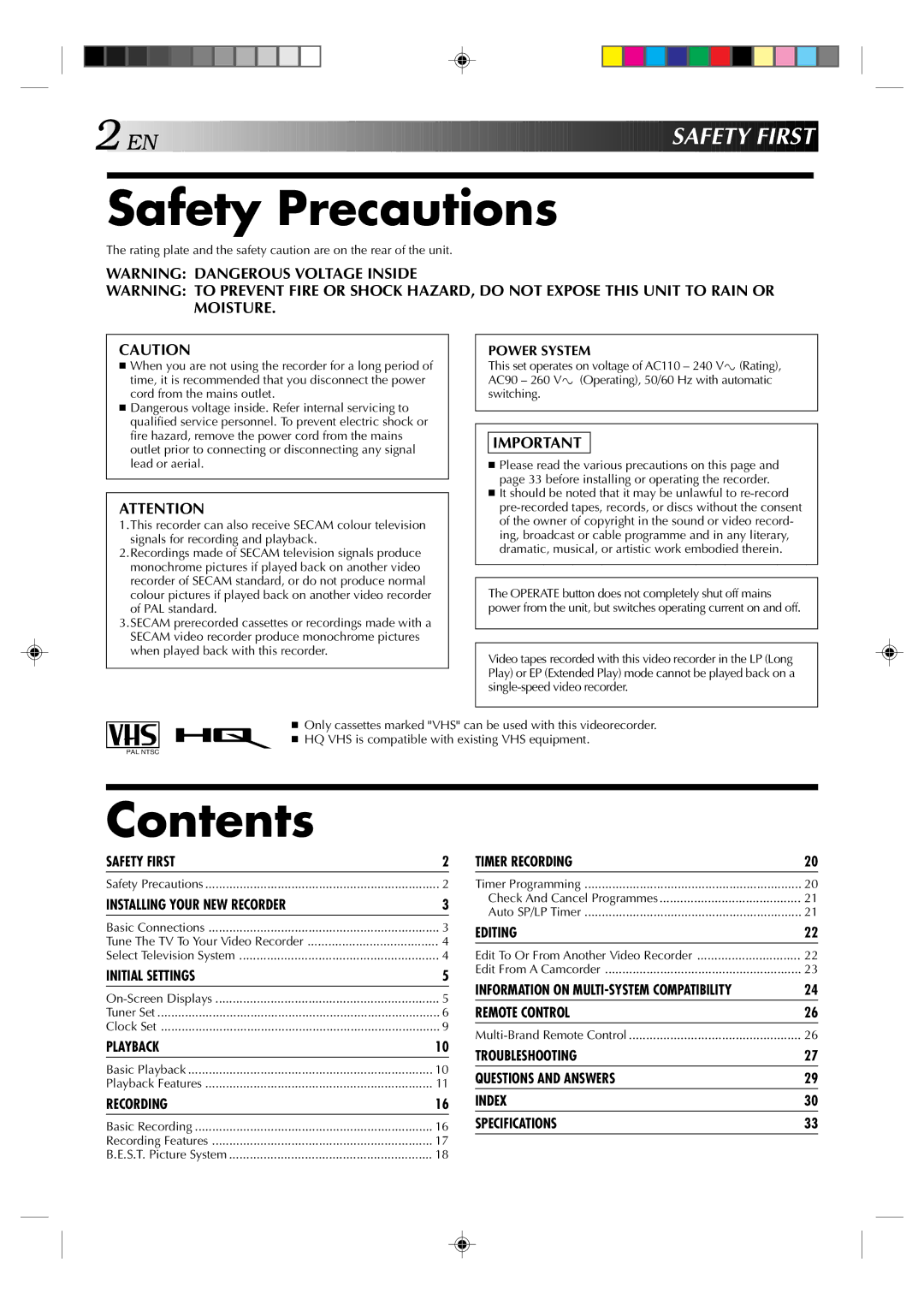 JVC HR-E639EE, HR-E539EE instruction manual Safety Precautions, Contents 