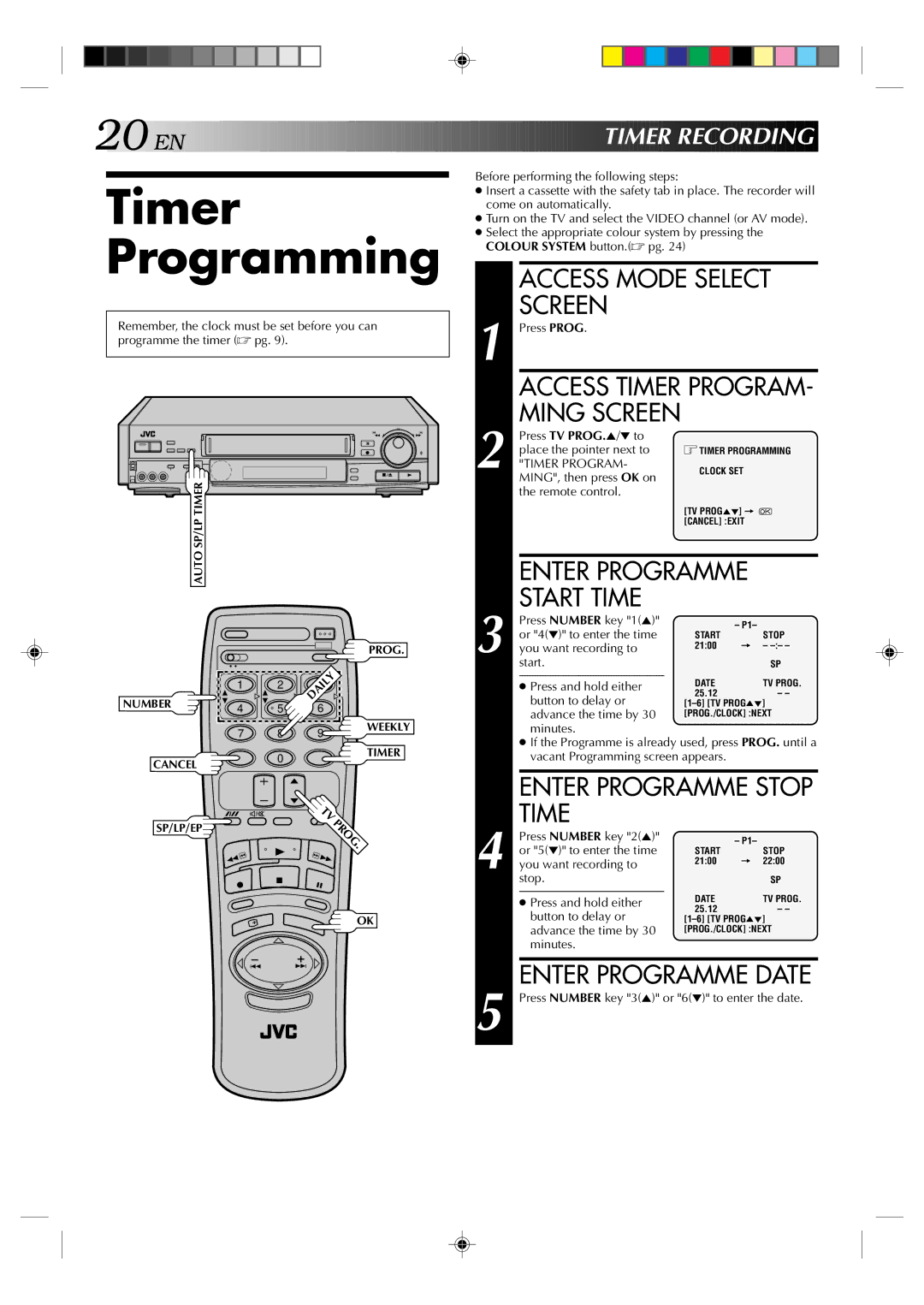 JVC HR-E639EE, HR-E539EE instruction manual Timer, Programming, Start Time, Enter Programme Stop Time, Enter Programme Date 