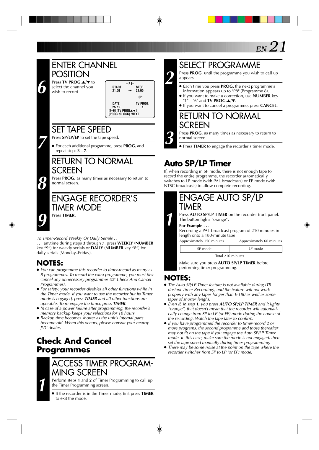 JVC HR-E539EE, HR-E639EE instruction manual Engage RECORDER’S, Timer Mode, Select Programme, Engage Auto SP/LP 