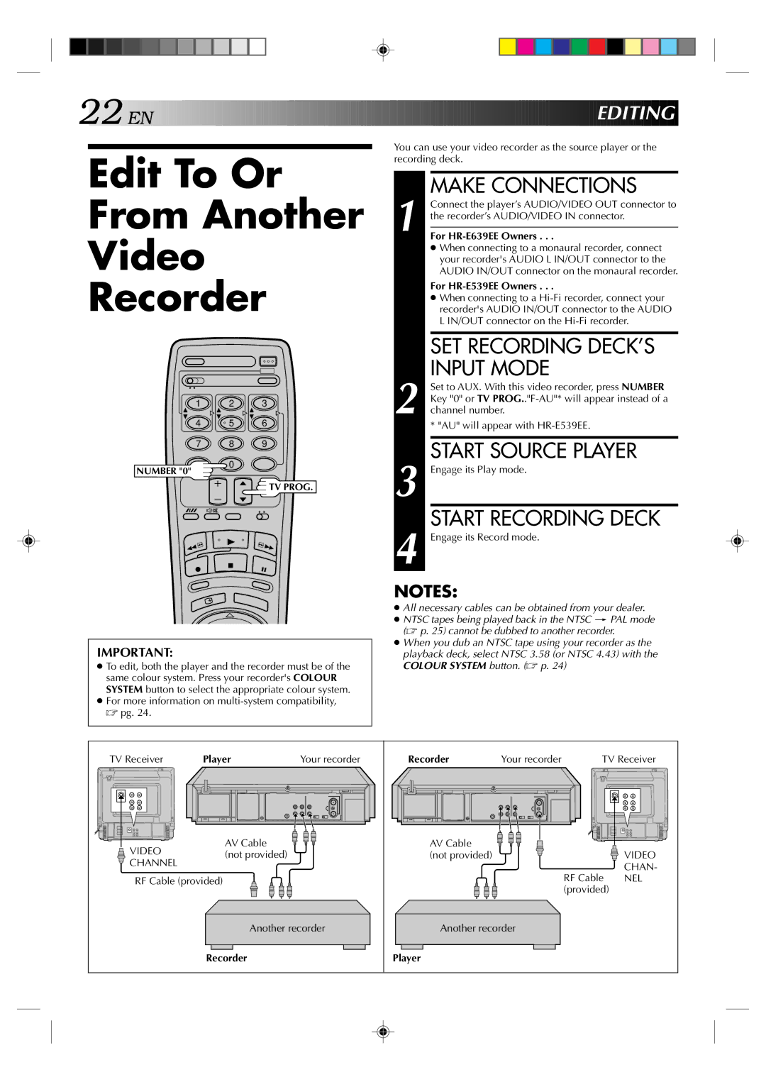 JVC HR-E639EE, HR-E539EE instruction manual Edit To Or From Another Video Recorder, Make Connections, Input Mode, Editing 