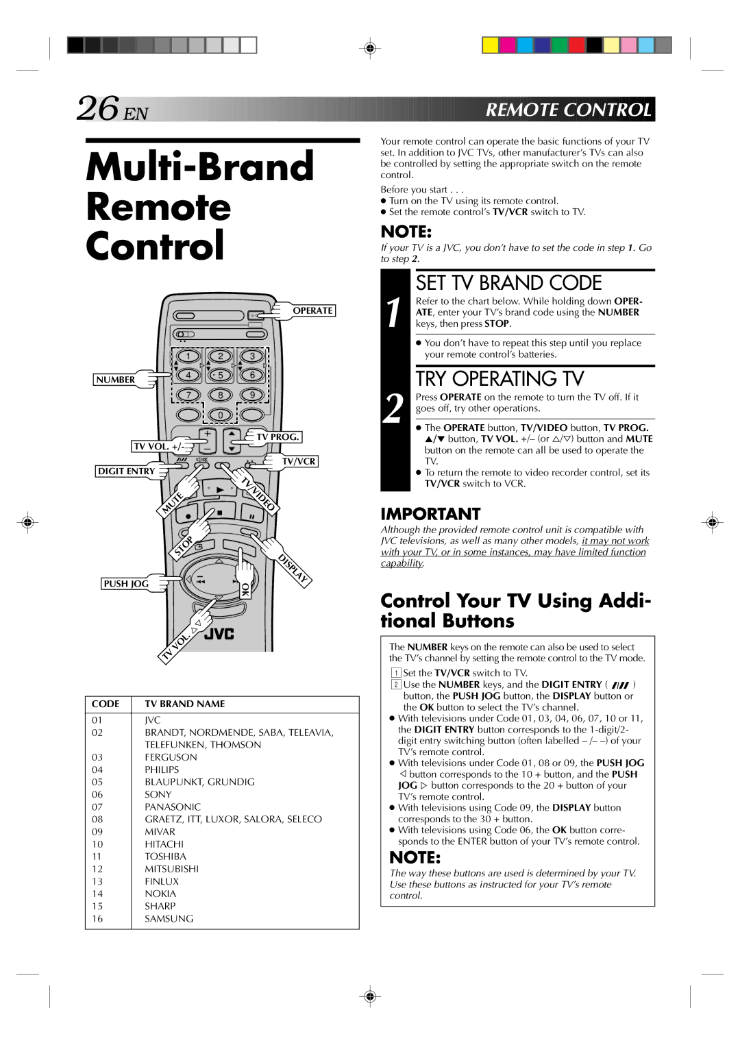 JVC HR-E639EE, HR-E539EE Multi-Brand Remote Control, SET TV Brand Code, TRY Operating TV, EN Remote CON Trol 