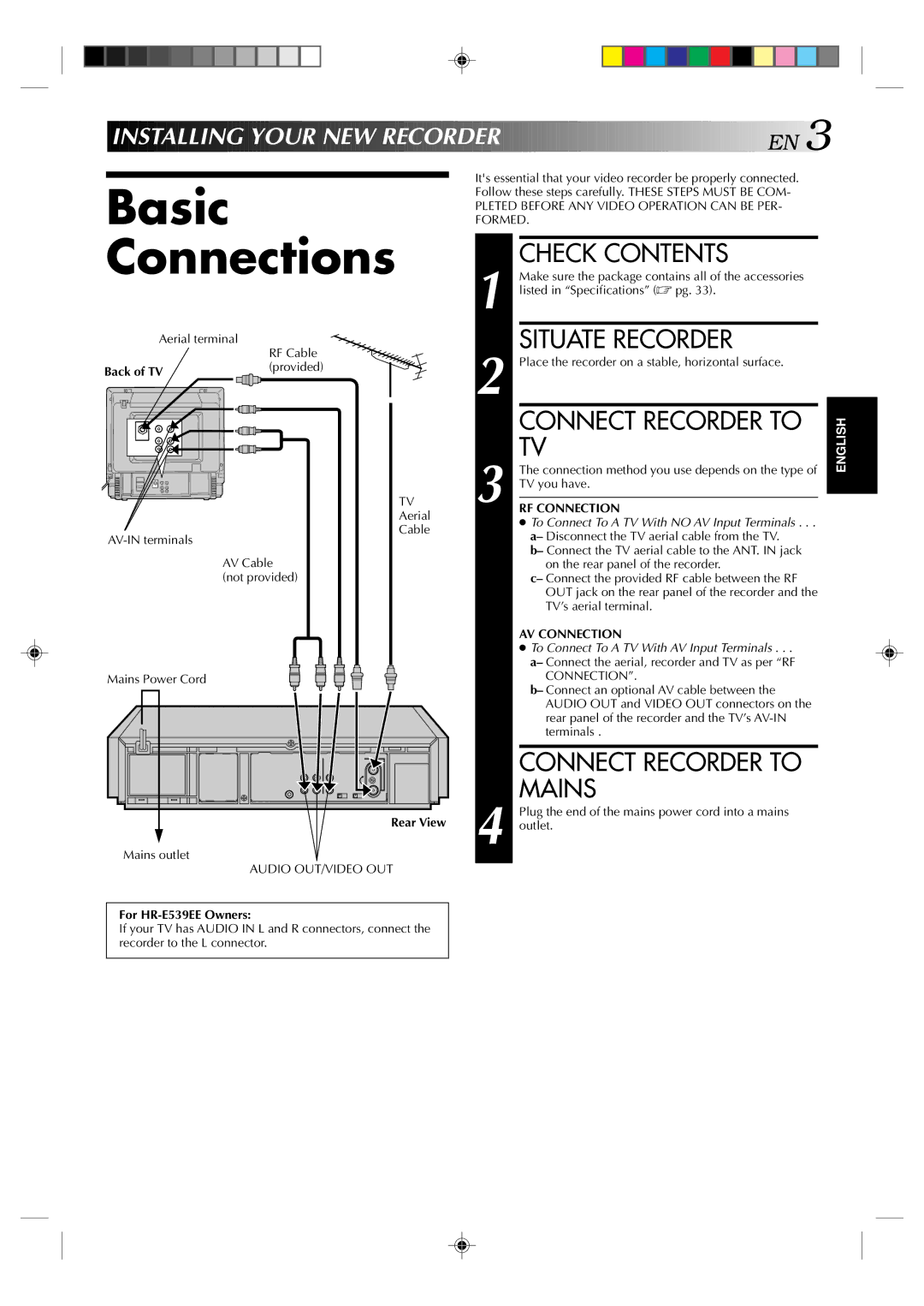 JVC HR-E539EE, HR-E639EE instruction manual Basic Connections, Check Contents, Situate Recorder, Connect Recorder to Mains 