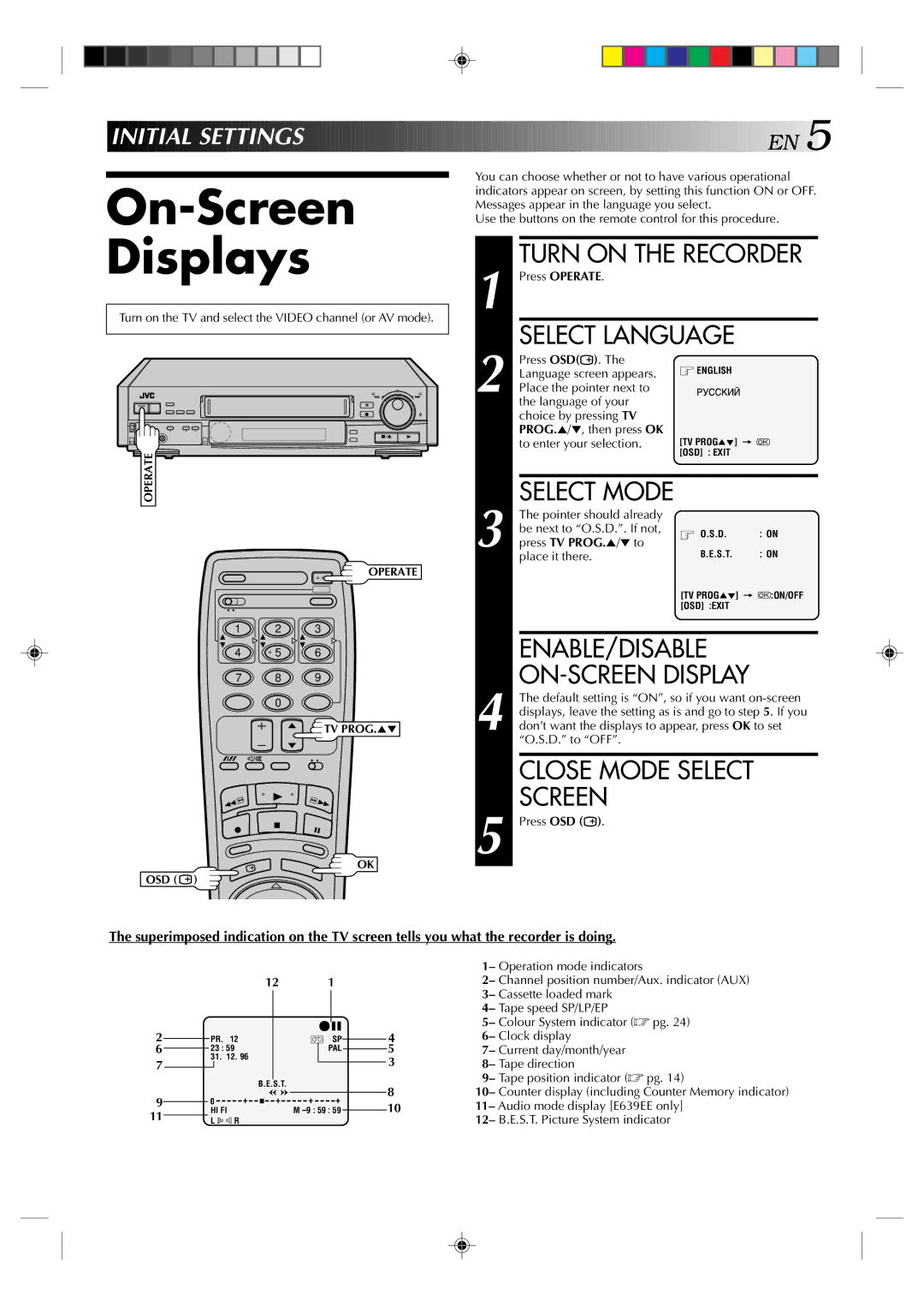 JVC HR-E539EE, HR-E639EE instruction manual On-Screen Displays, Select Language, Enable/Disable, Initial Settin GS 