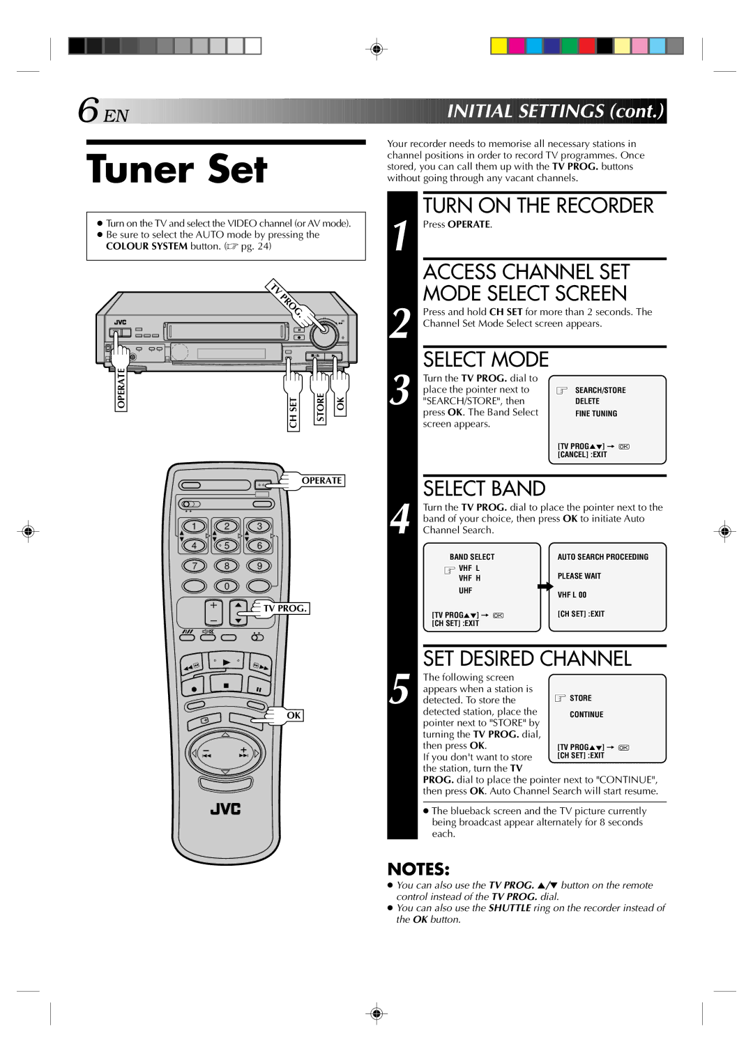 JVC HR-E639EE, HR-E539EE Tuner Set, Access Channel SET, Mode Select Screen, SET Desired Channel, EN Initial Settings 