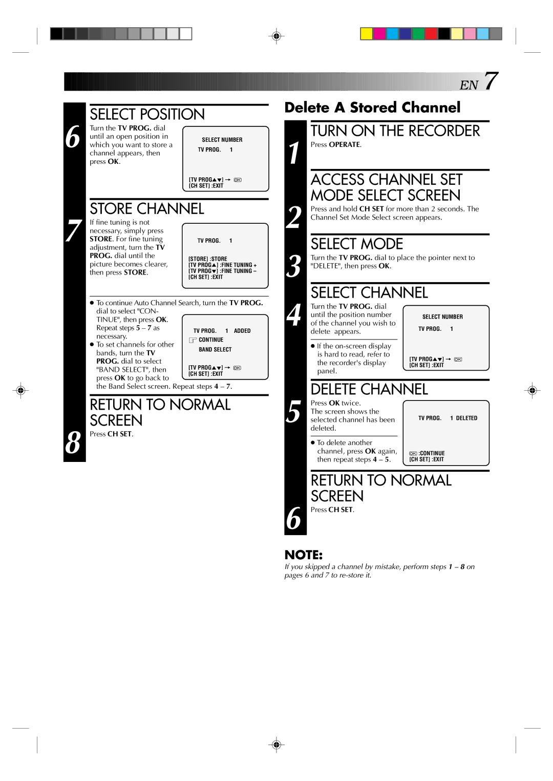 JVC HR-E539EE Select Position, Store Channel, Select Mode, Select Channel, Delete Channel, Return to Normal Screen 