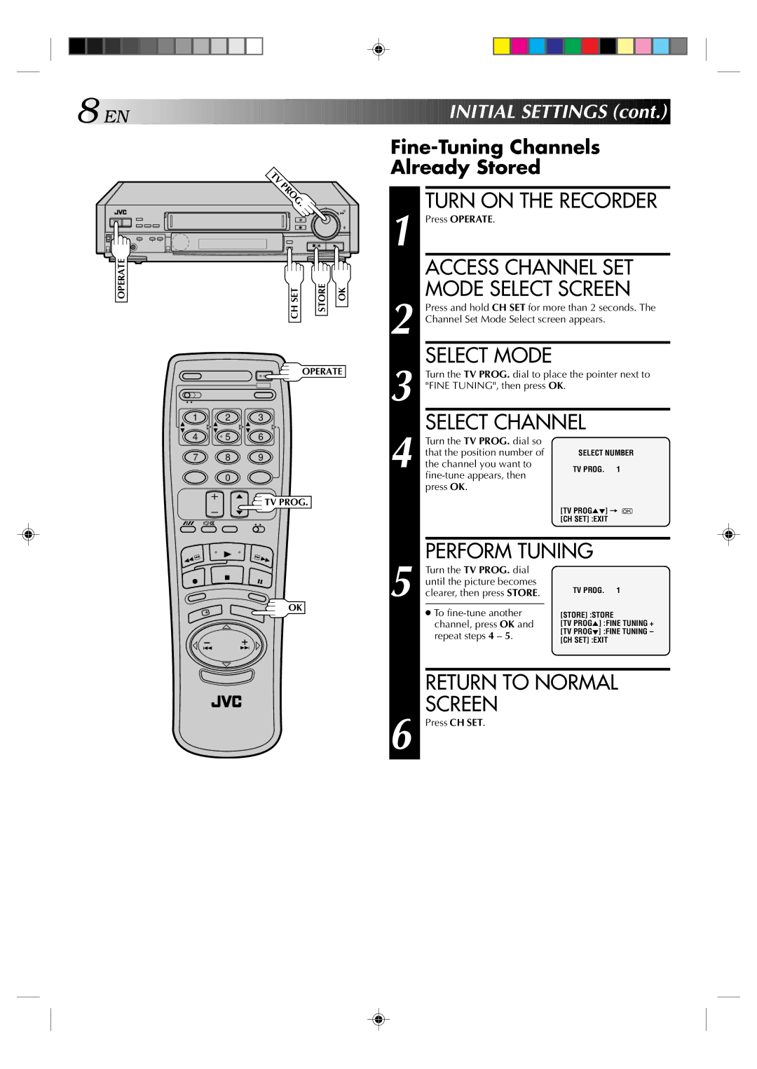 JVC HR-E639EE, HR-E539EE instruction manual Perform Tuning, Initial Settings, Fine-Tuning Channels Already Stored 