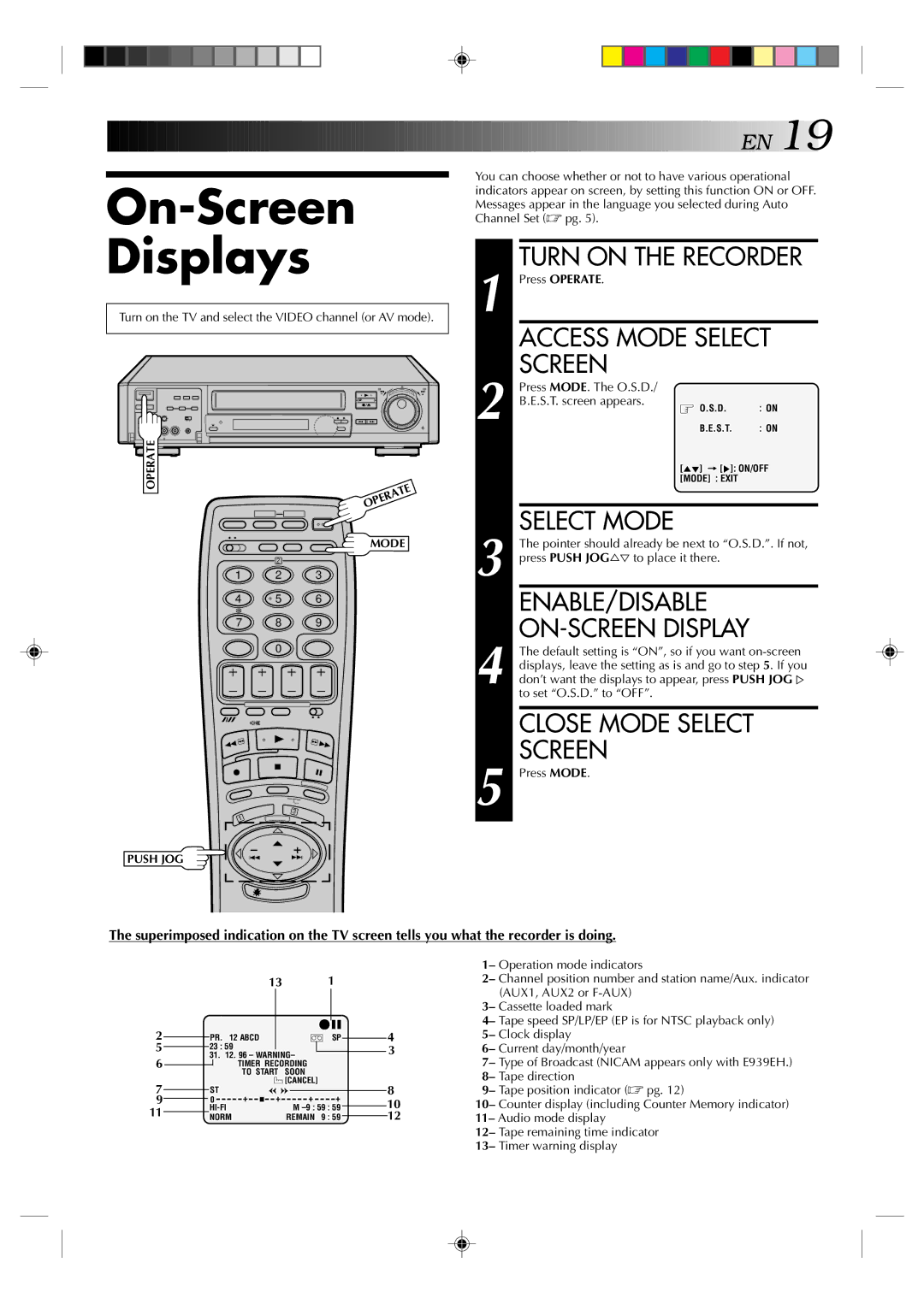 JVC HR-E939EG specifications On-Screen Displays, Enable/Disable, ON-SCREEN Display, Close Mode Select 