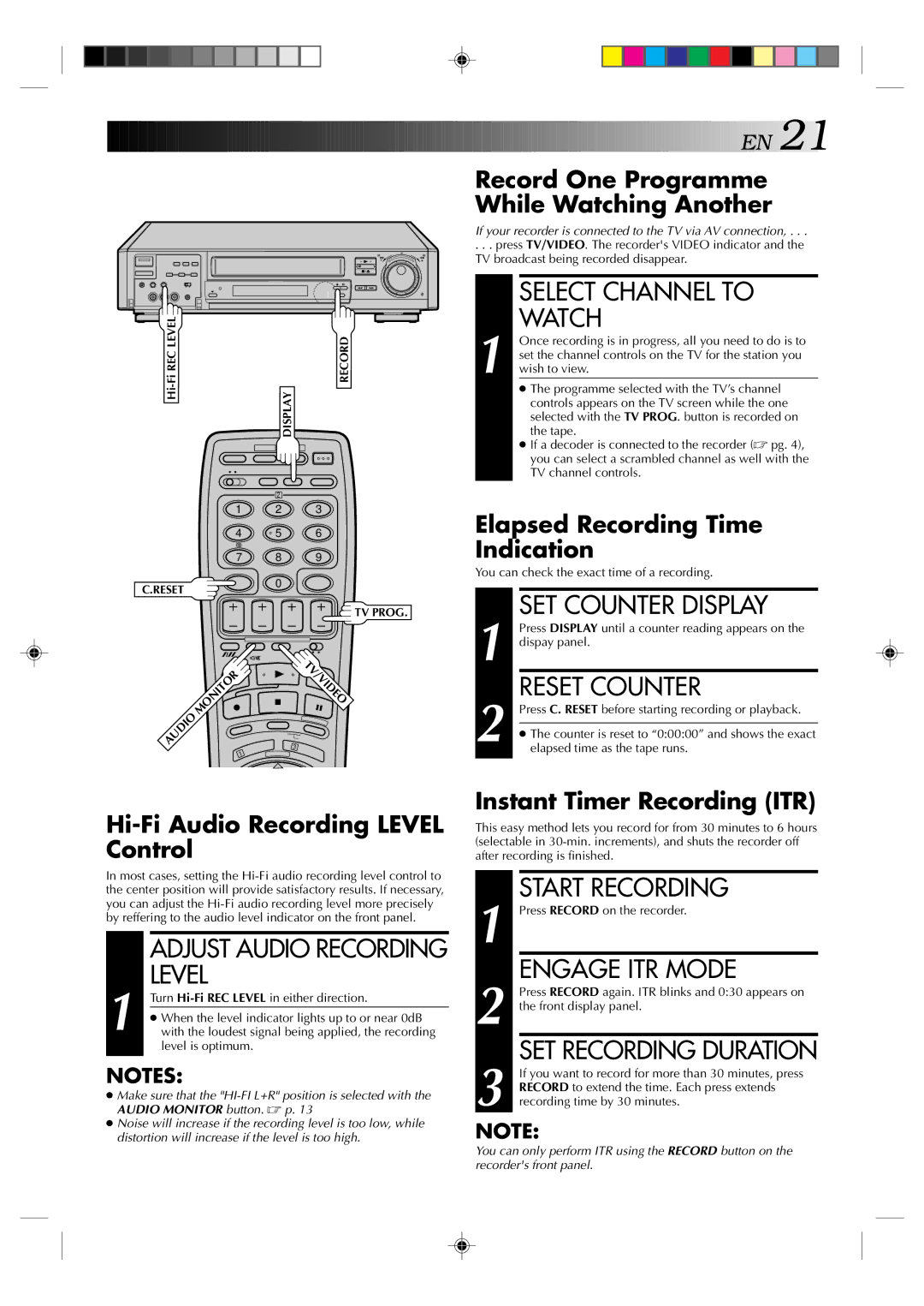 JVC HR-E939EG Level, Select Channel to Watch, SET Counter Display, Reset Counter, Engage ITR Mode, SET Recording Duration 