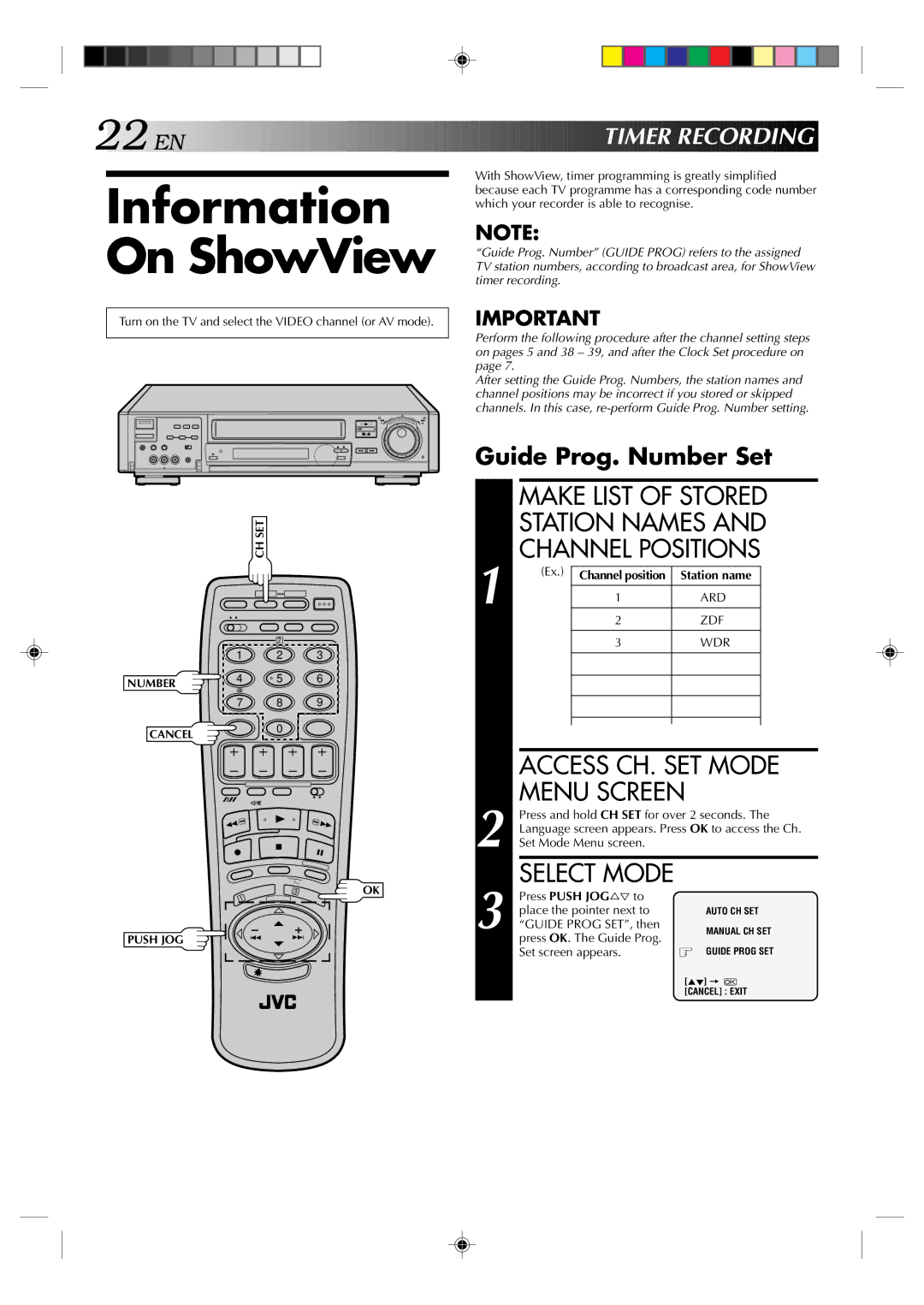 JVC HR-E939EG Information On ShowView, Make List of Stored Station Names Channel Positions, EN Timer Recording 