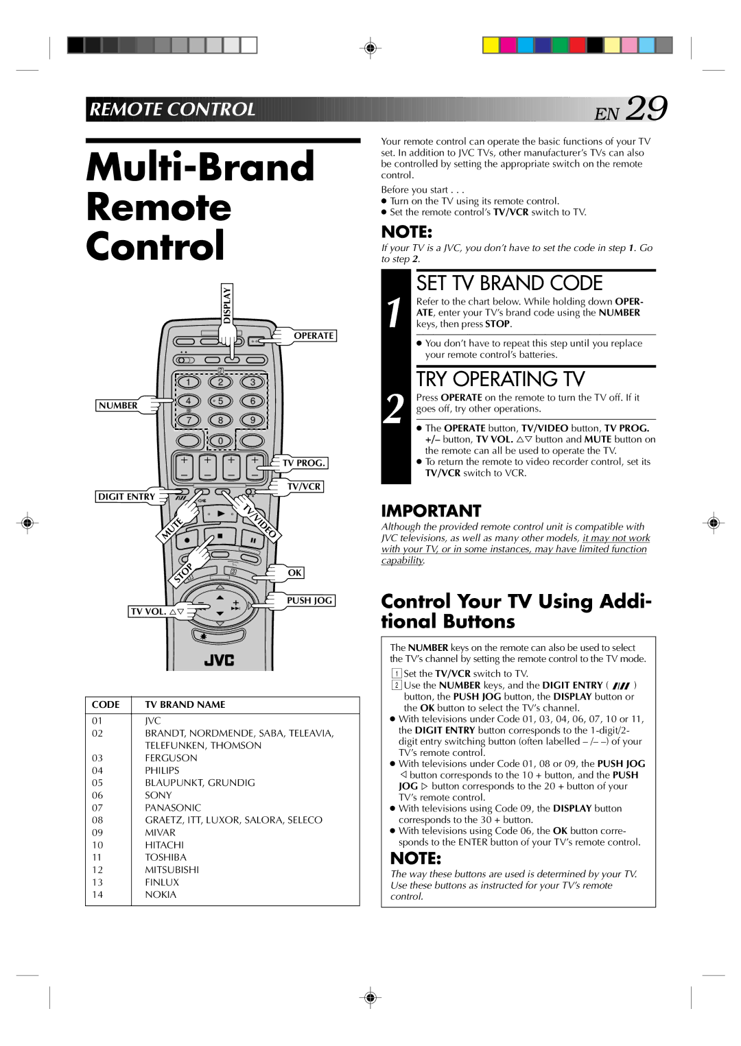 JVC HR-E939EG Multi-Brand Remote Control, SET TV Brand Code, TRY Operating TV, Remote Control EN, Code TV Brand Name 