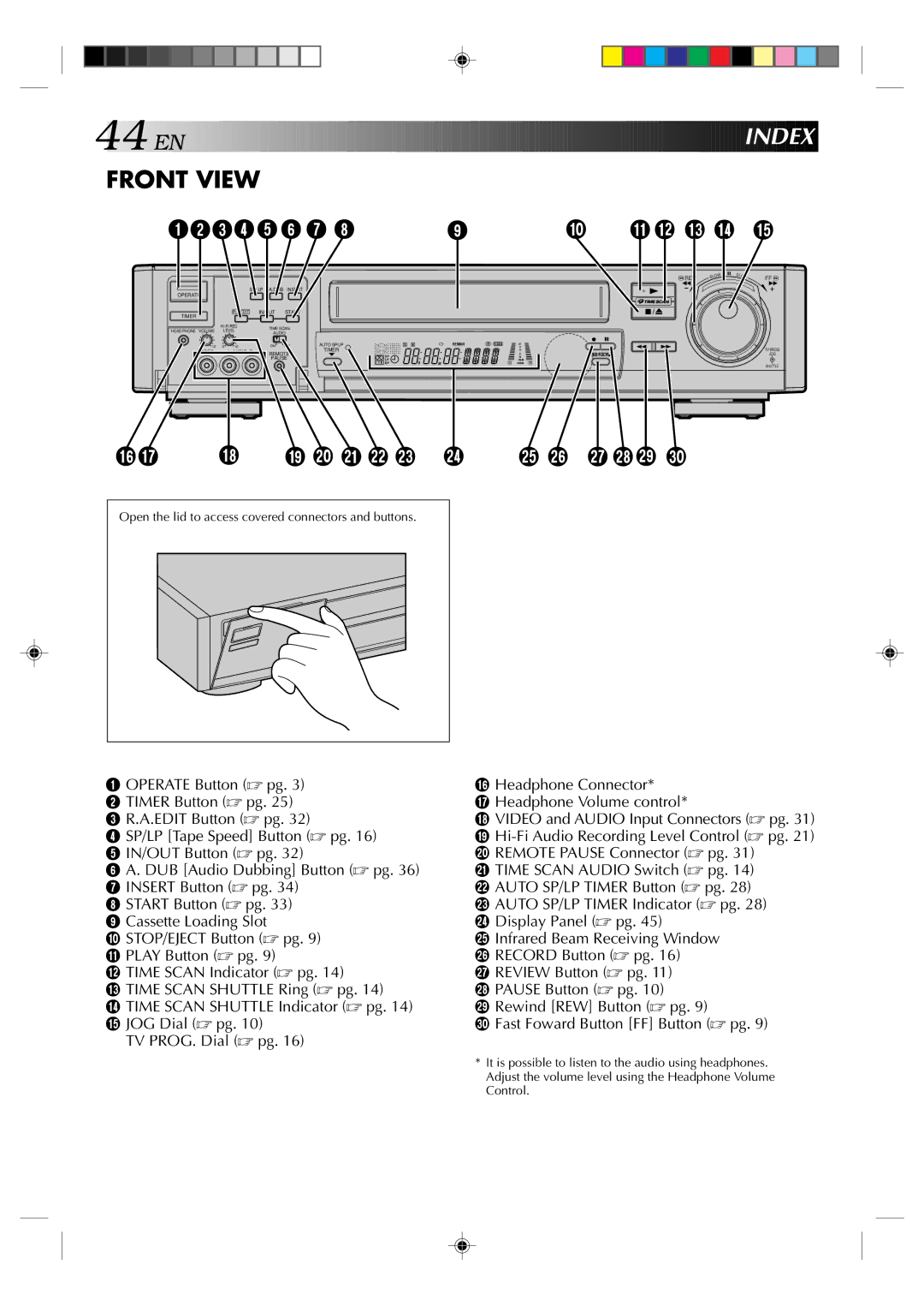 JVC HR-E939EG specifications 44 EN, Open the lid to access covered connectors and buttons 