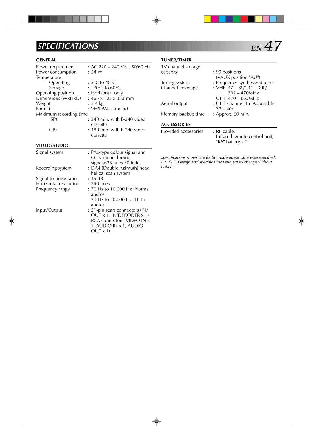 JVC HR-E939EG specifications Speci Fications EN, Maximum recording time, RCA connectors Video 