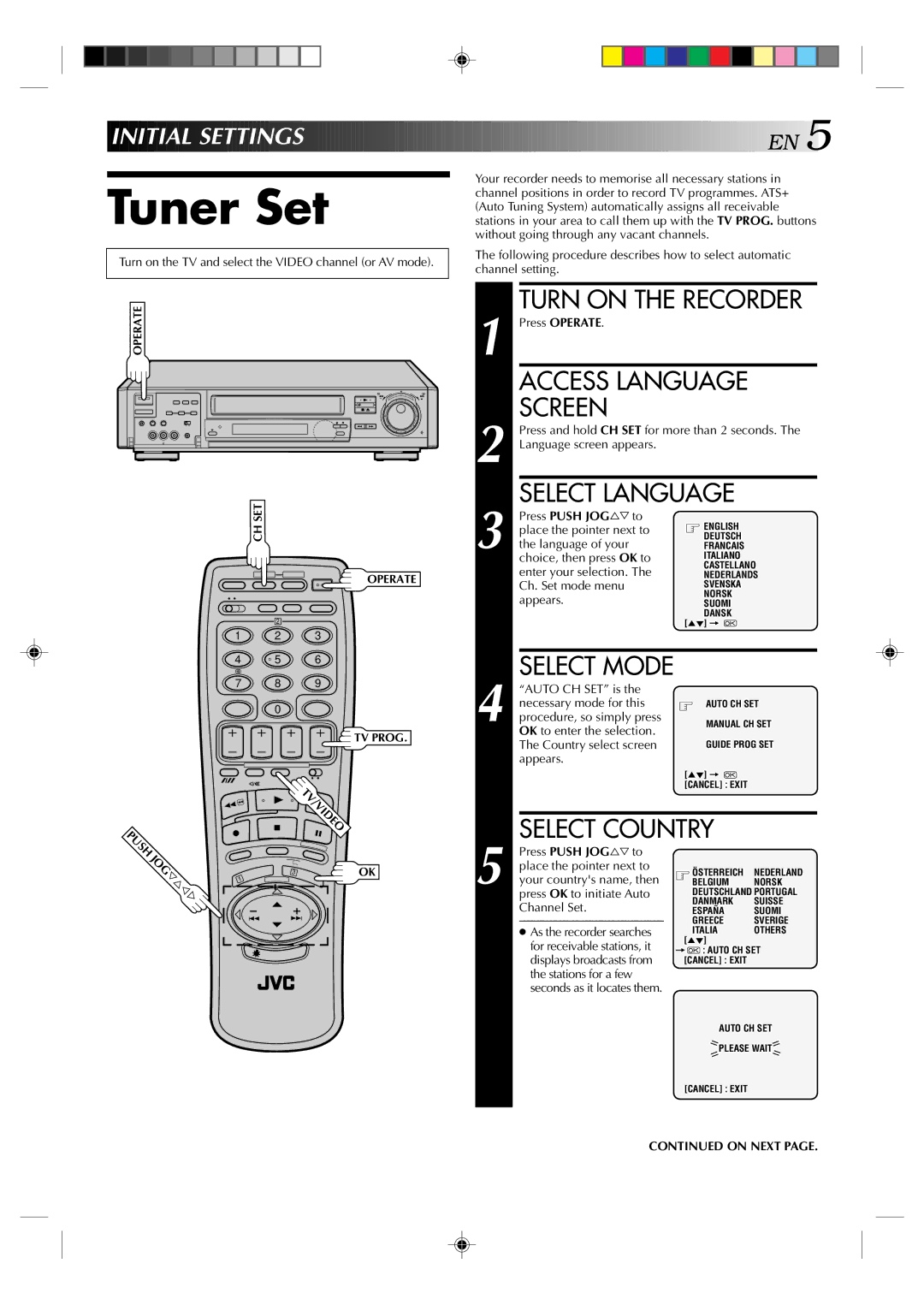 JVC HR-E939EG specifications Tuner Set, Select Language, Select Country, Initial Settin GS, Access Language Screen 