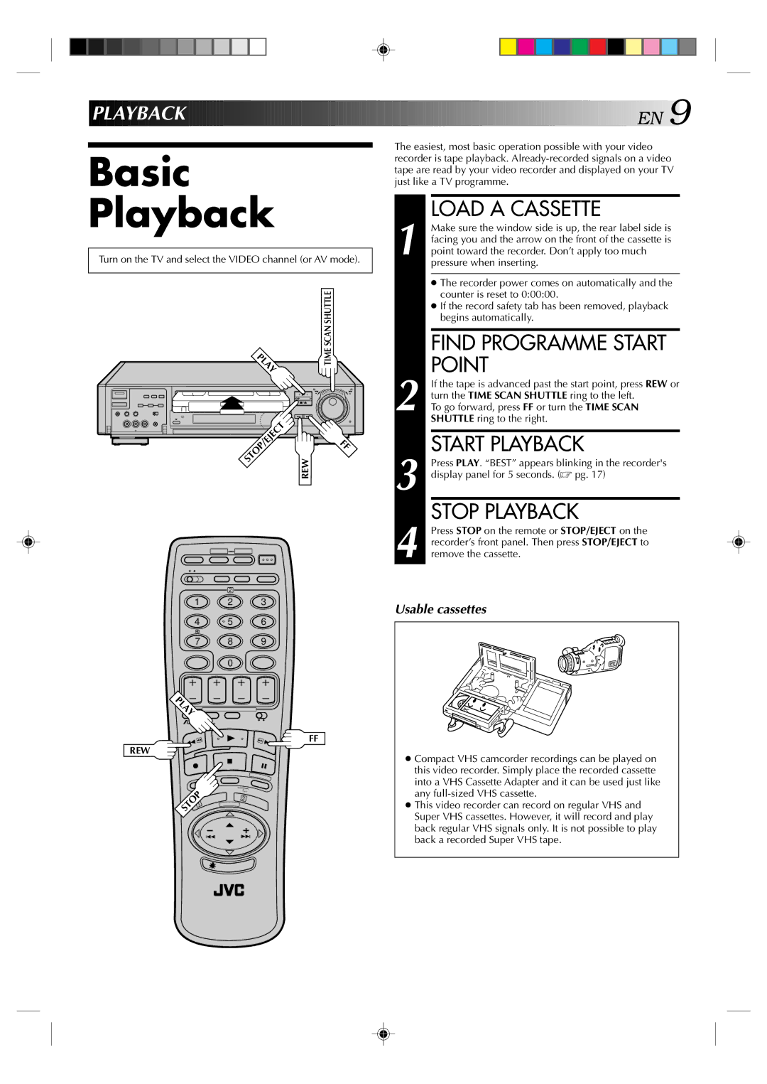 JVC HR-E939EG specifications Load a Cassette, Point, Start Playback, Stop Playback 