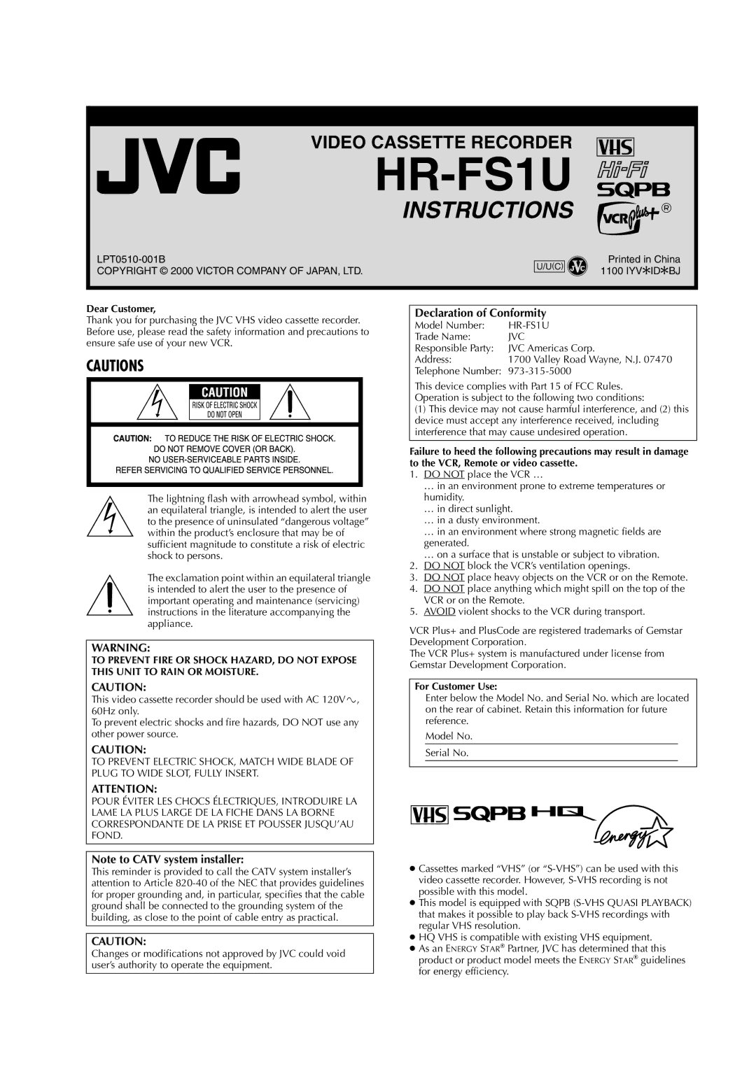 JVC HR-FS1U manual Dear Customer, For Customer Use 