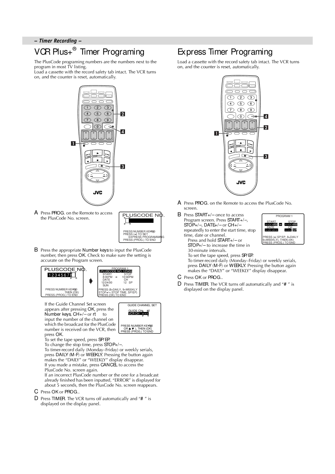 JVC HR-FS1U manual Express Timer Programing, PlusCode No. screen, Minute intervals To set the tape speed, press SP/EP 