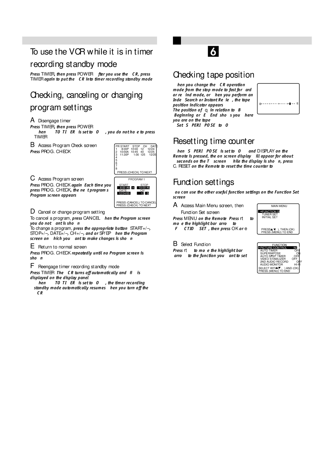 JVC HR-FS1U manual Other Functions, Checking tape position, Resetting time counter, Function settings 