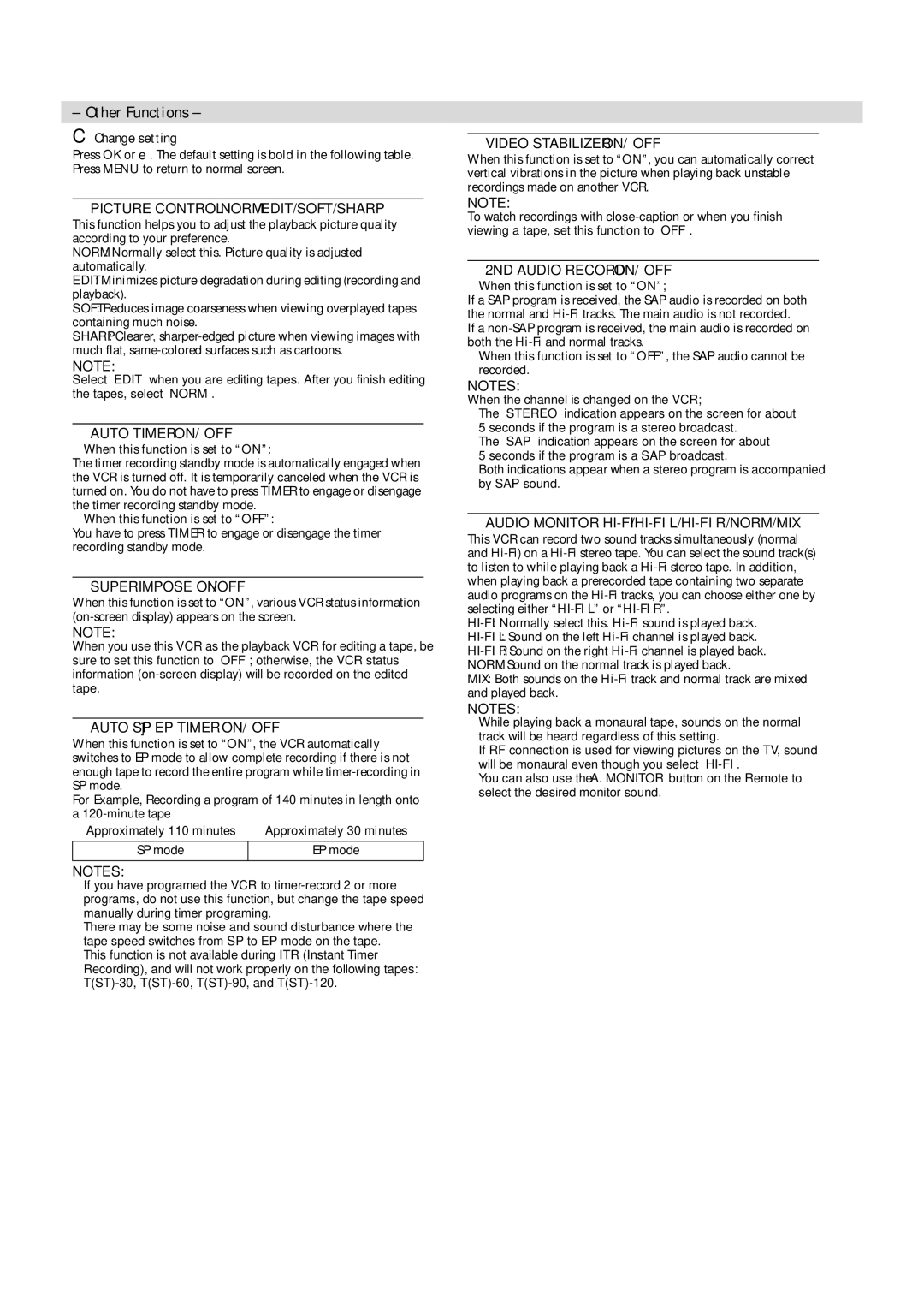 JVC HR-FS1U manual Change setting, When this function is set to on, When this function is set to OFF, EP mode 