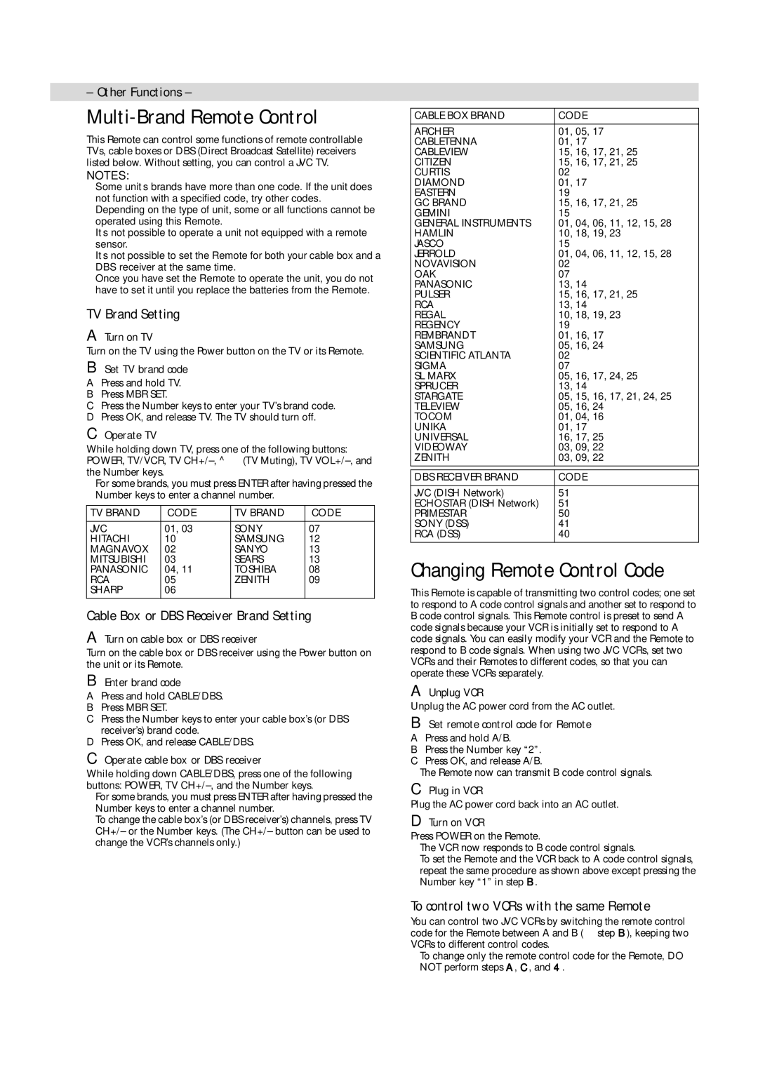 JVC HR-FS1U manual Multi-Brand Remote Control, TV Brand Setting, Cable Box or DBS Receiver Brand Setting 