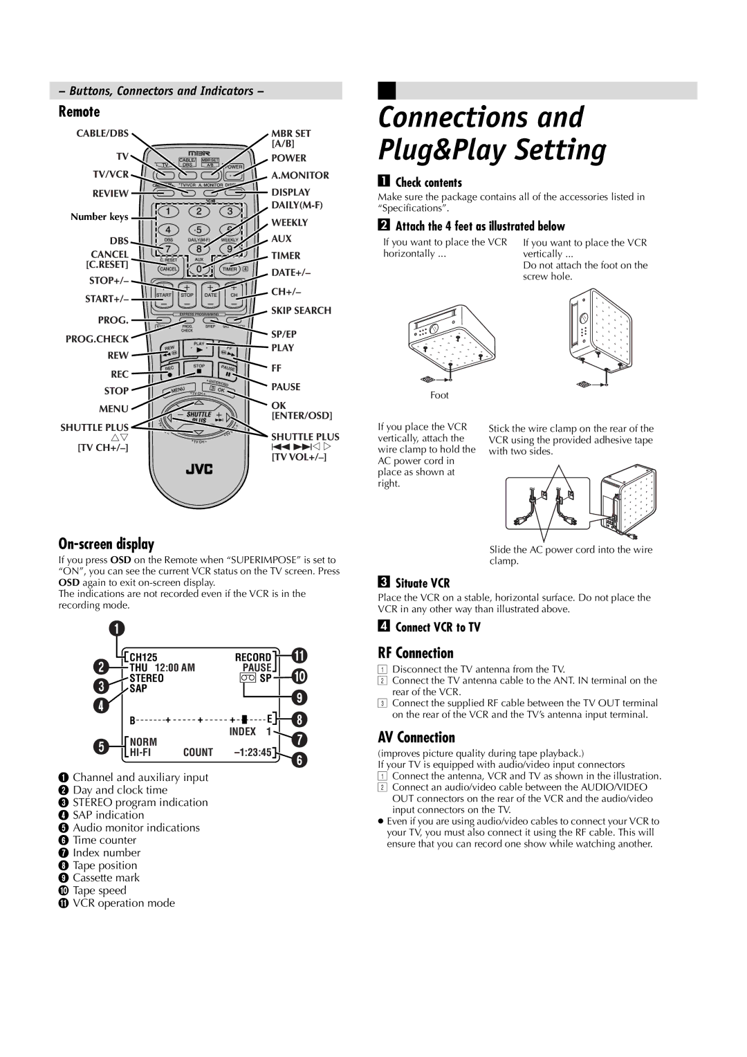 JVC HR-FS1U manual Remote, On-screen display, RF Connection, AV Connection 