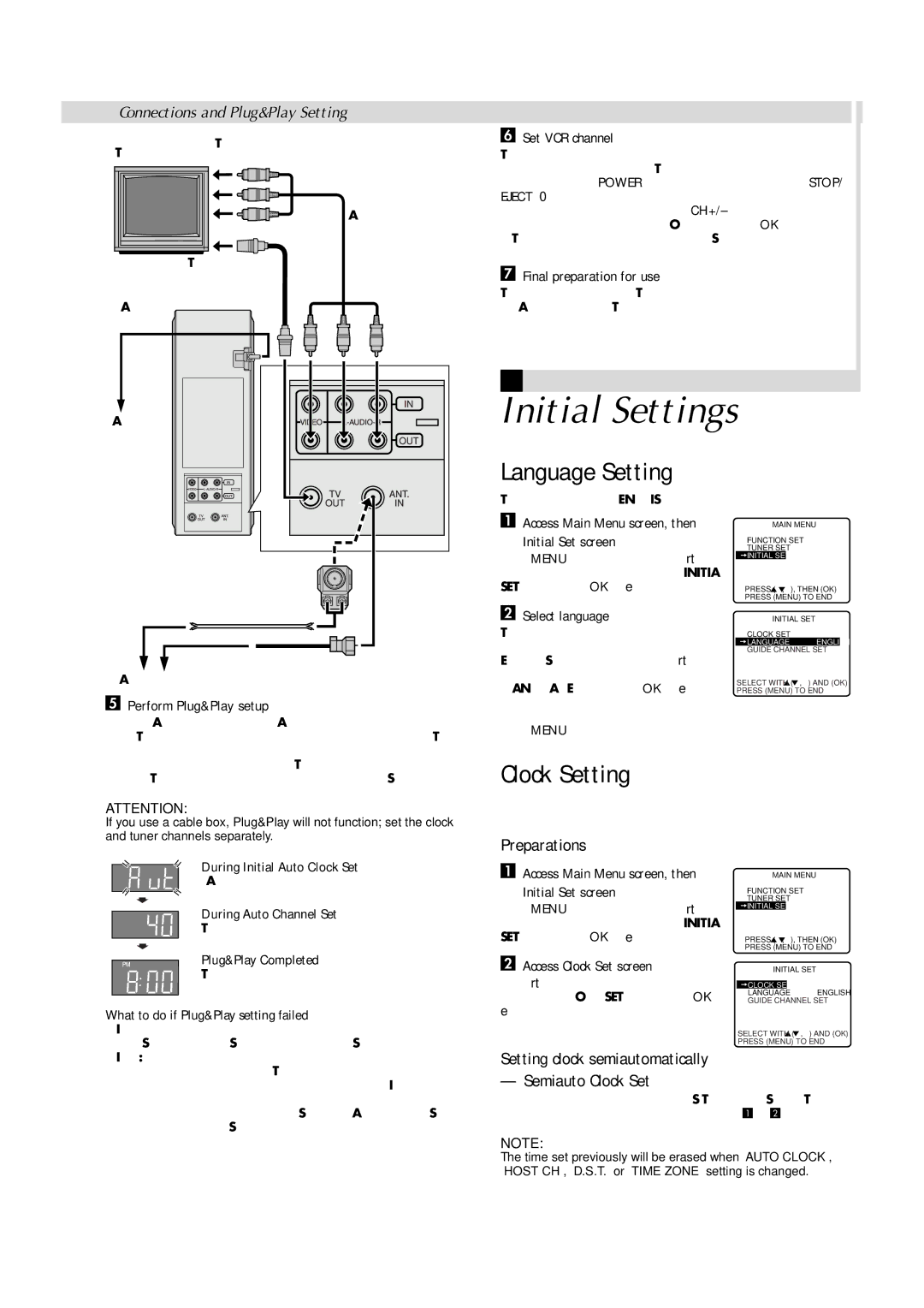 JVC HR-FS1U manual Initial Settings, Language Setting, Clock Setting, Preparations 