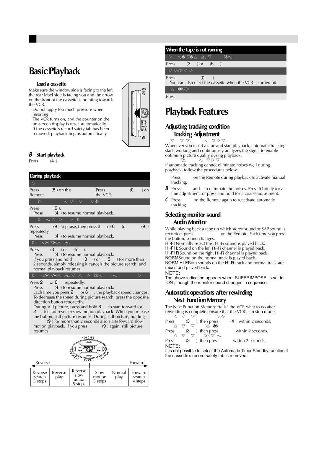 JVC HR-FS1U manual Basic Playback, Playback Features 