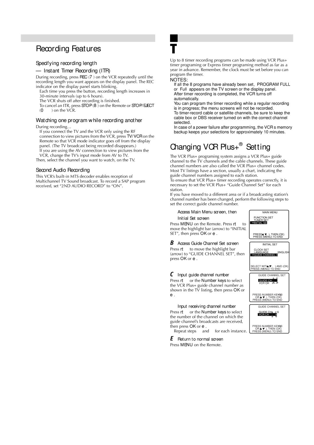 JVC HR-FS1U manual Recording Features, Specifying recording length Instant Timer Recording ITR, Second Audio Recording 