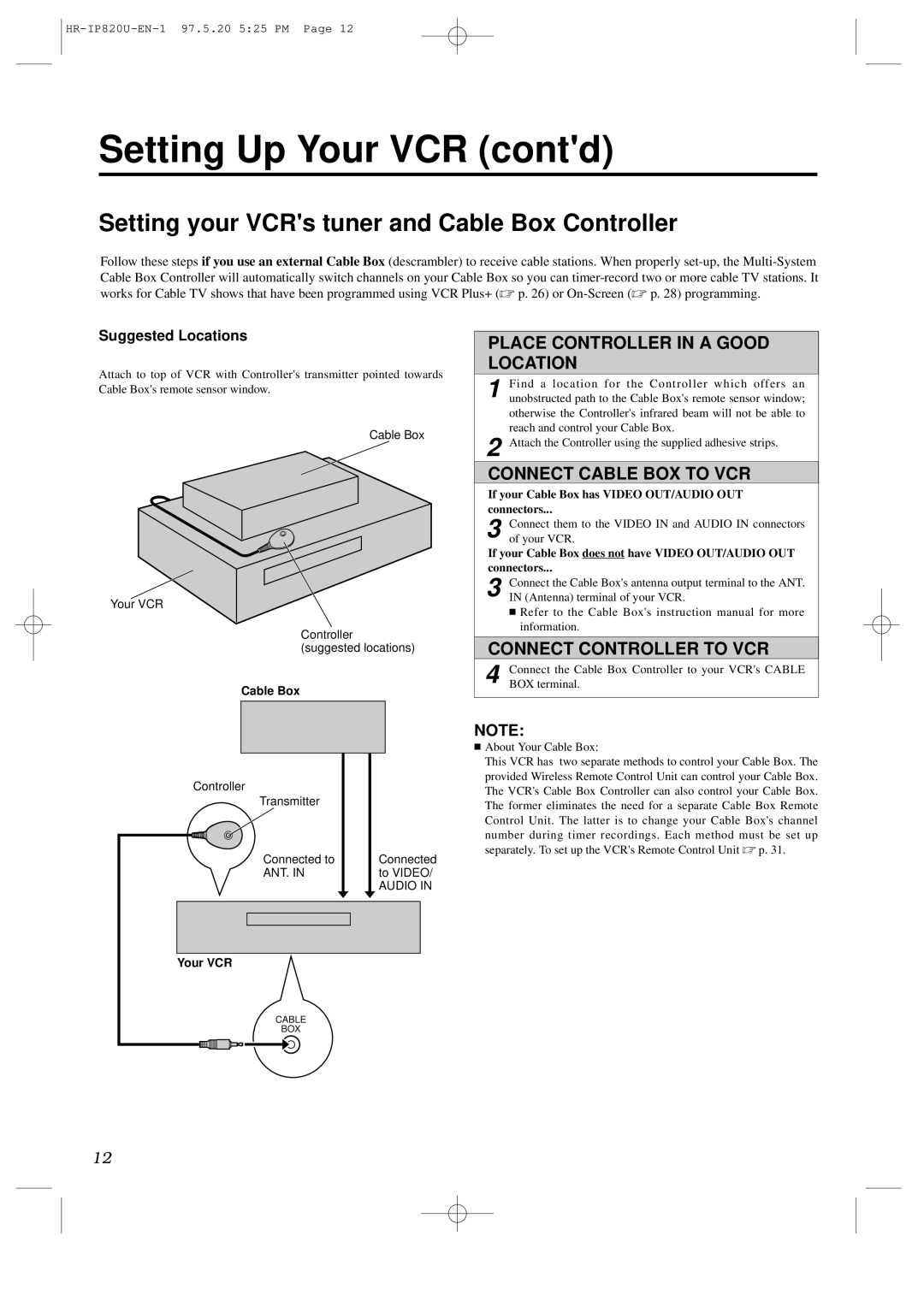 JVC HR-IP820U instruction manual Place Controller in a Good Location, Connect Cable BOX to VCR, Connect Controller to VCR 