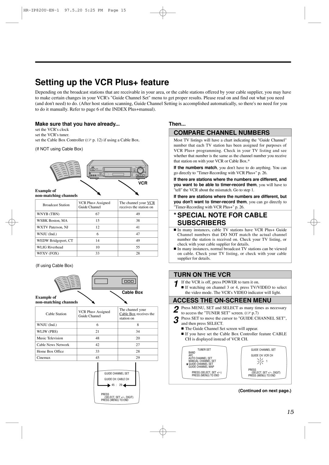 JVC HR-IP820U instruction manual Compare Channel Numbers, Make sure that you have already, Then, Vcr 