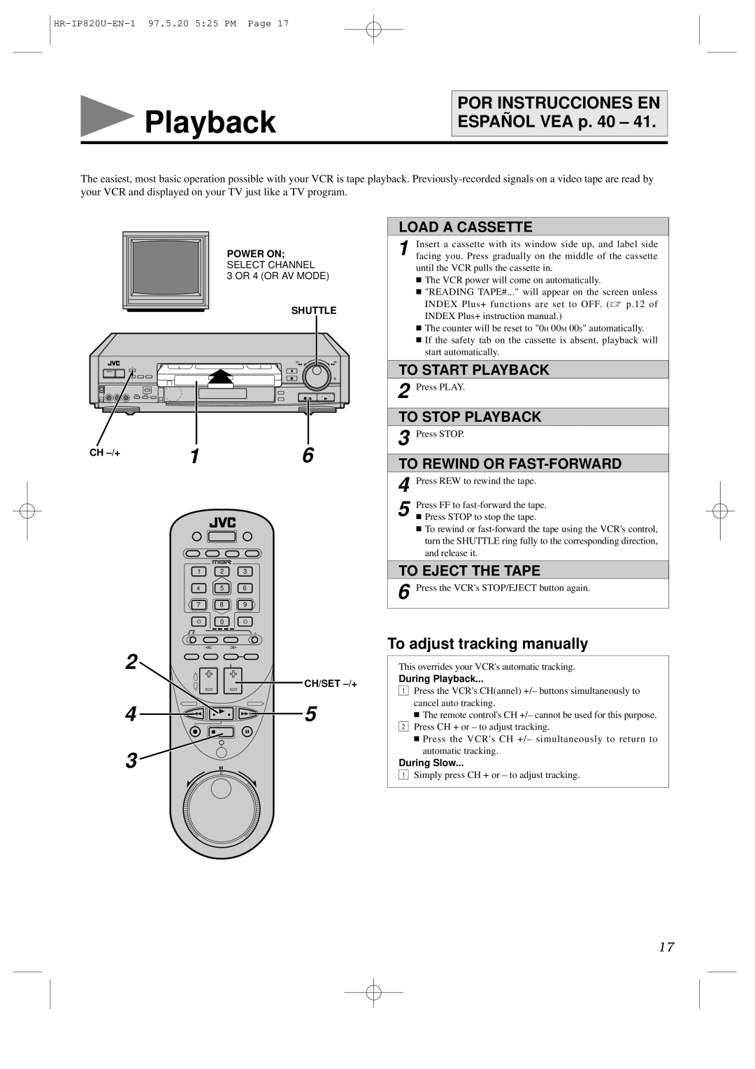 JVC HR-IP820U instruction manual Playback, To adjust tracking manually 