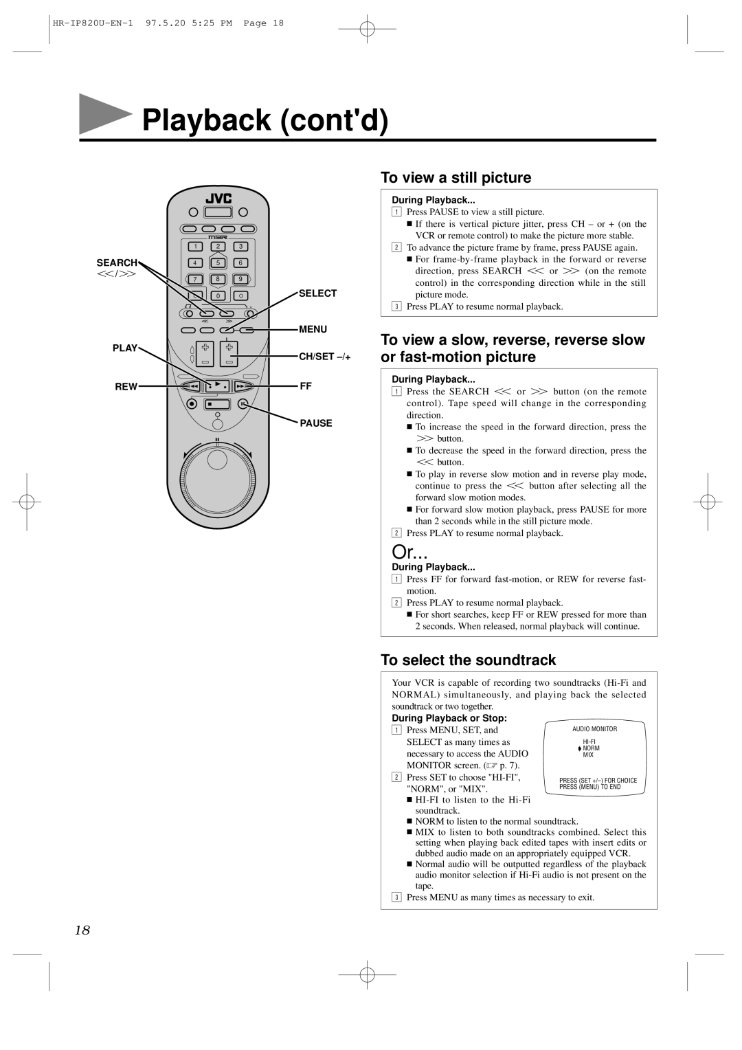 JVC HR-IP820U Playback contd, To view a still picture, To select the soundtrack, Search Select Menu Play, Pause 