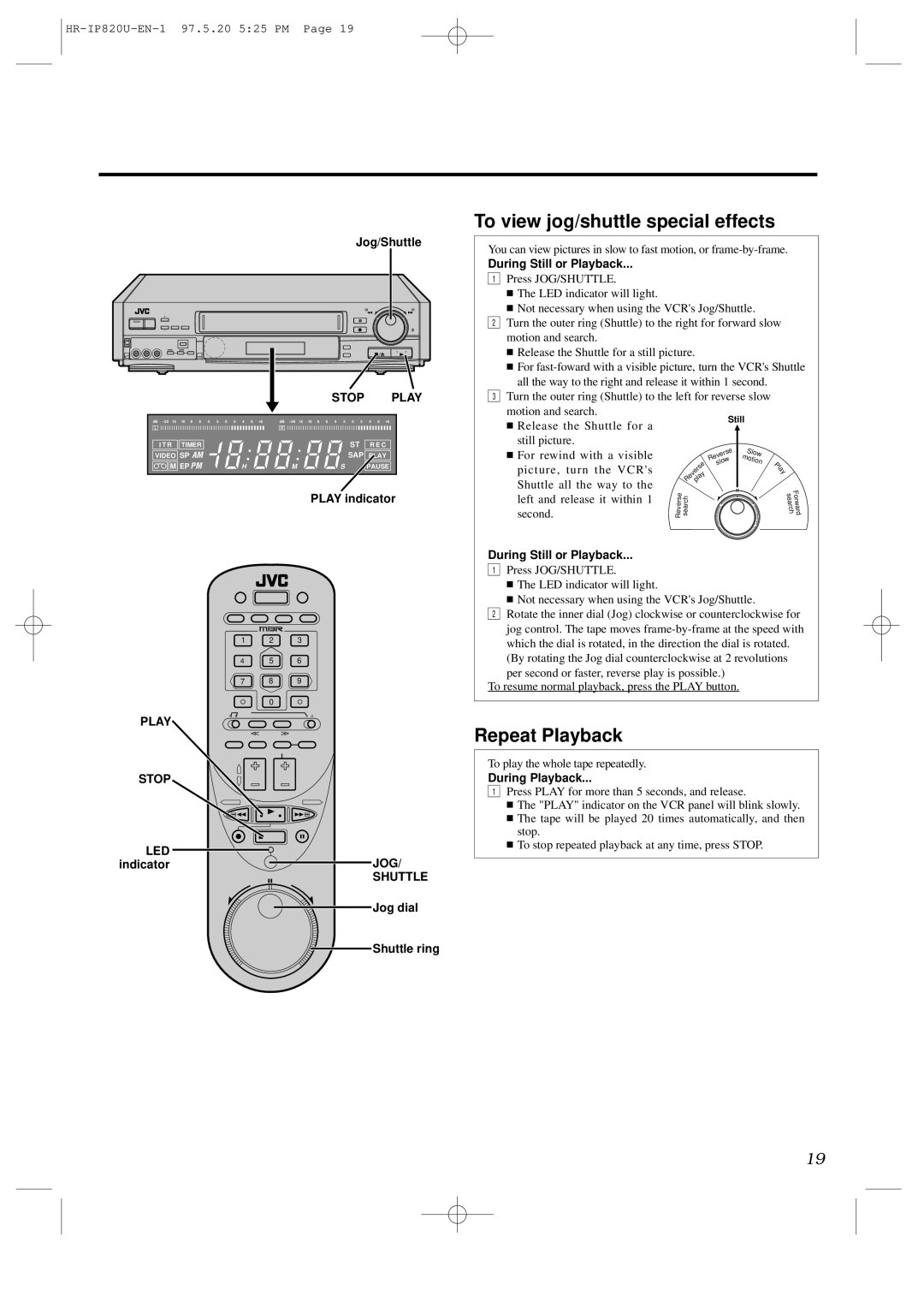 JVC HR-IP820U instruction manual To view jog/shuttle special effects, Repeat Playback, Play Stop LED 